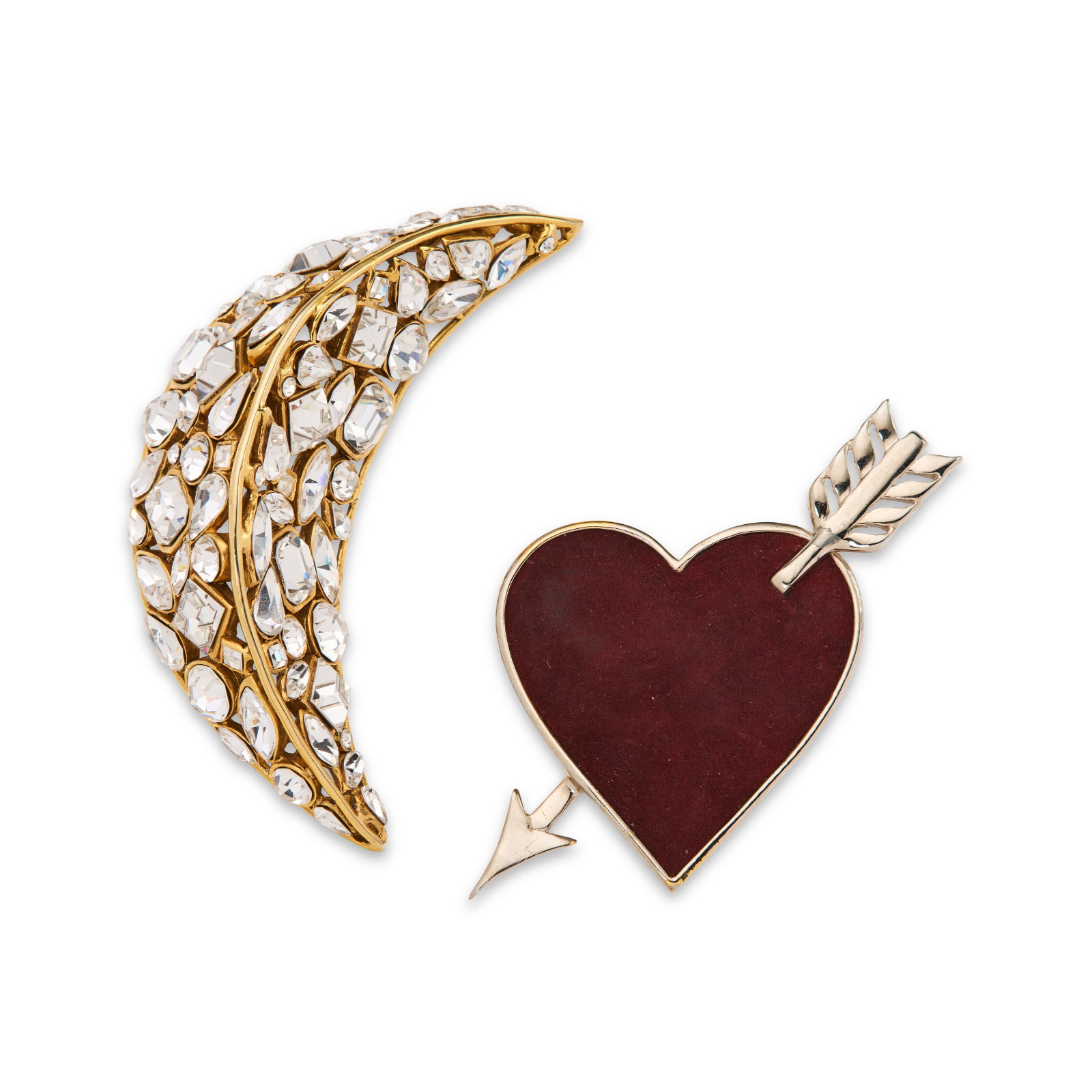 A PAIR OF MONUMENTAL STRASS CRYSTAL & RED SUEDE MOON & HEART BROOCHES YVES SAINT LAURENT, CIRCA (1 of 1)