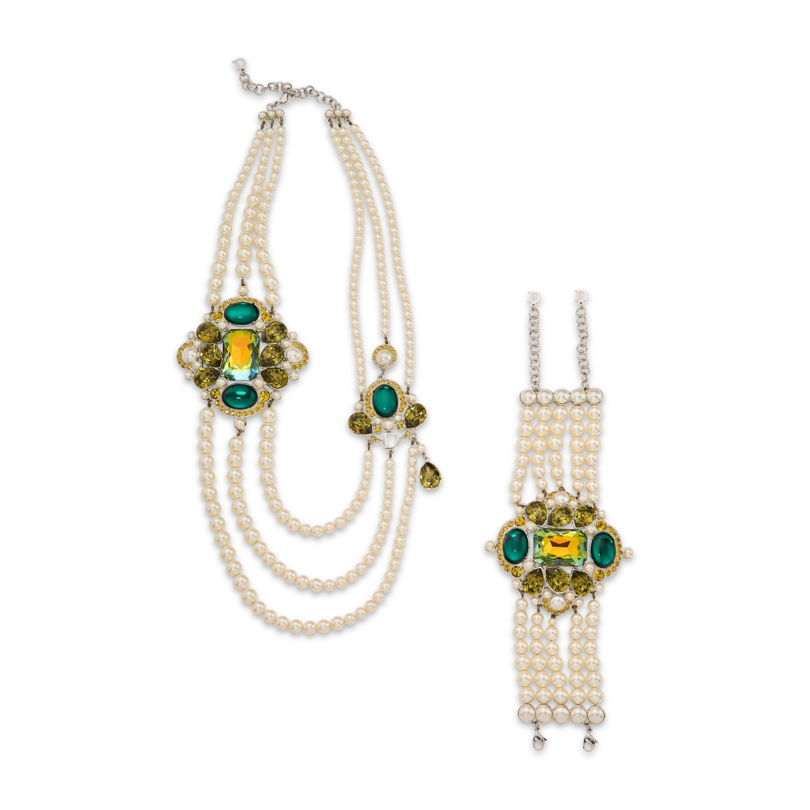 AN EXUBERANT IRRIDESCENT GREEN CRYSTAL, GLASS & FAUX PEARL NECKLACE AND BRACELET SET BY JOHN (1 of 3)