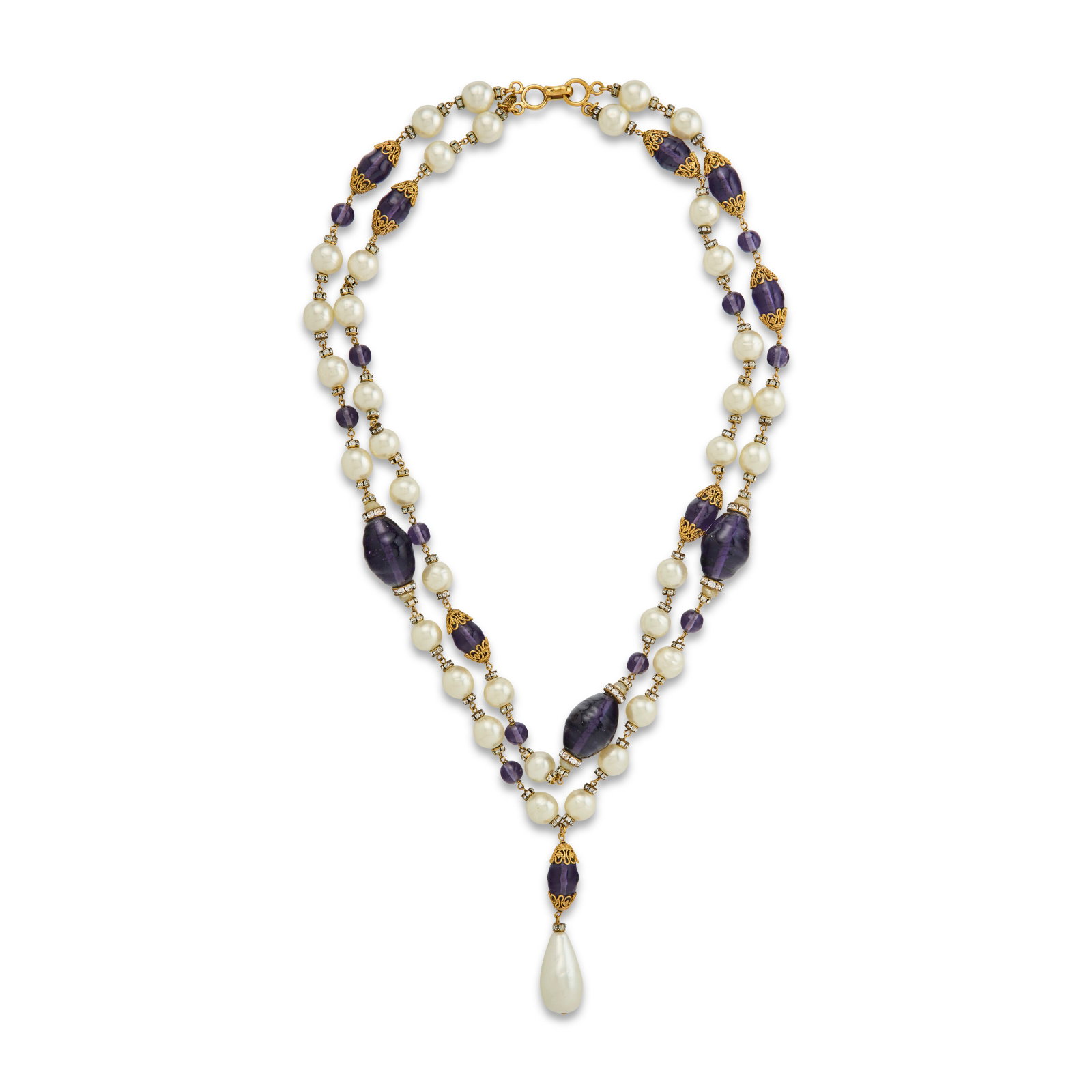 A STRIKING AMETHYST GRIPOIX GLASS, FAUX PEARL & STRASS DOUBLE NECKLACE CHANEL, 1994 (1 of 2)
