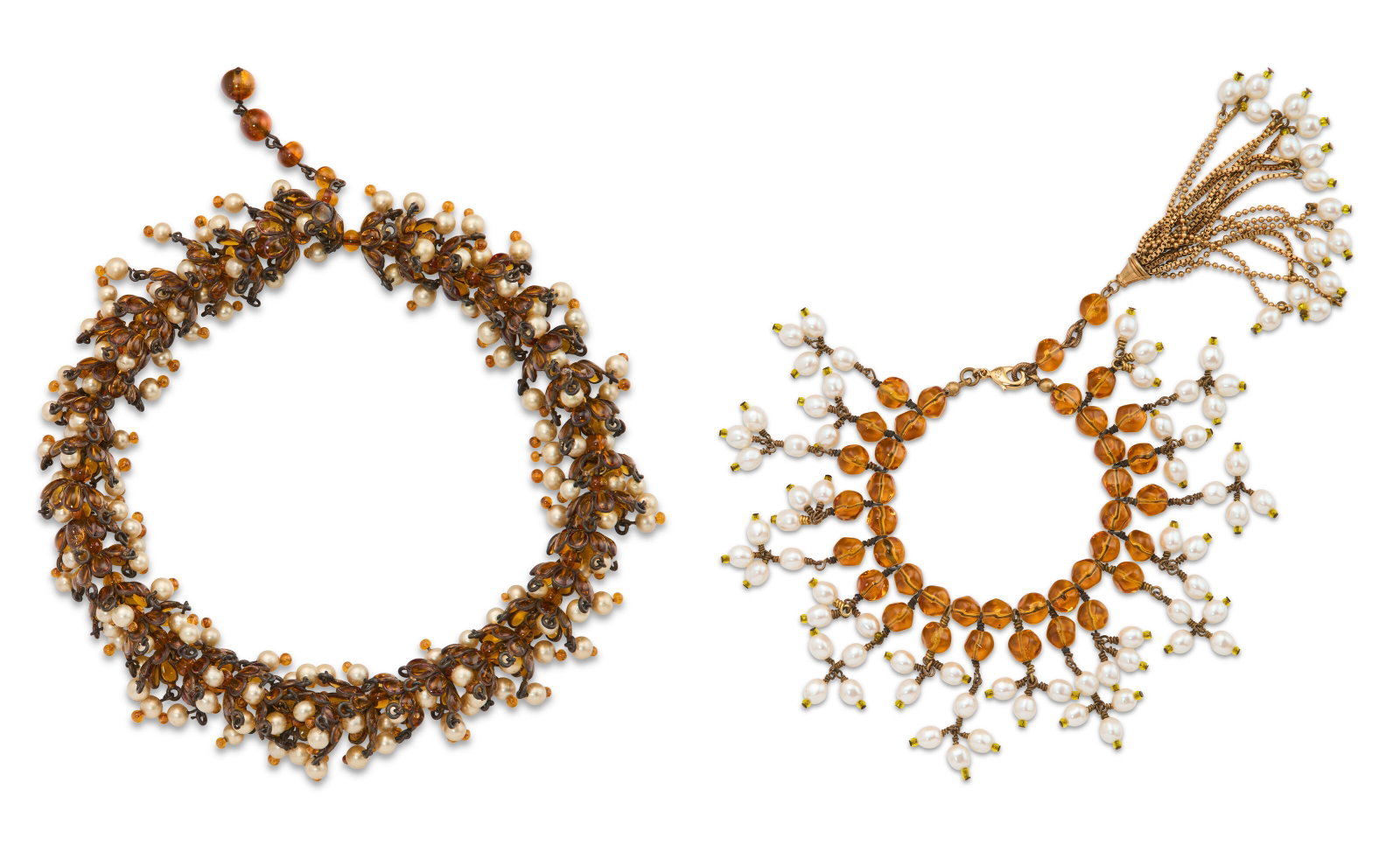 A MAGNIFICENT MUGHAL-INSPIRED ANGLO-INDIAN AMBER GRIPOIX GLASS & FAUX PEARL NECKLACE AND BRACELET (1 of 3)