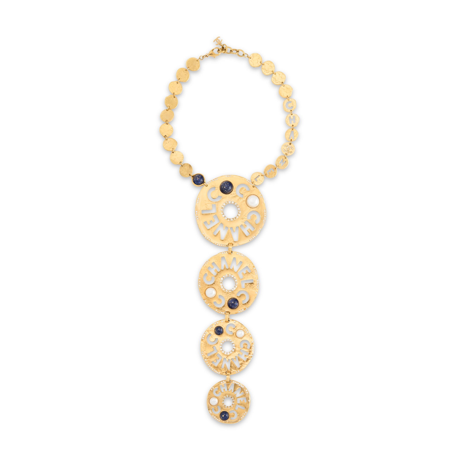 A BLUE GLASS, STRASS CRYSTAL & FAUX PEARL CUT-OUT LOGO DISC NECKLACE BY KARL LAGERFELD CHANEL, 2019: Details GRADE: 2 39 l x 22 drop cm
