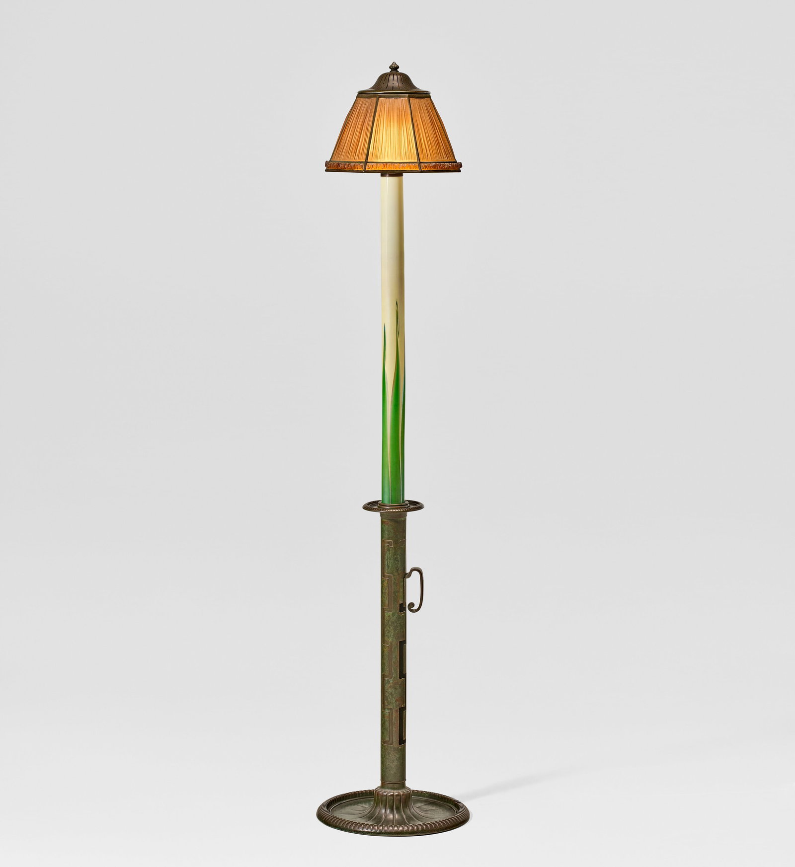 TIFFANY STUDIOS Adjustable 'Candlestand' Reading Lamp, circa 1915: Details TIFFANY STUDIOS Adjustable 'Candlestand' Reading Lamp, circa 1915 with 'Favrile Fabrique' shade Favrile glass, patinated bronze 67 ¾ in. (172.1 cm) high, 12 ¾ in. (32.4 cm) diameter 