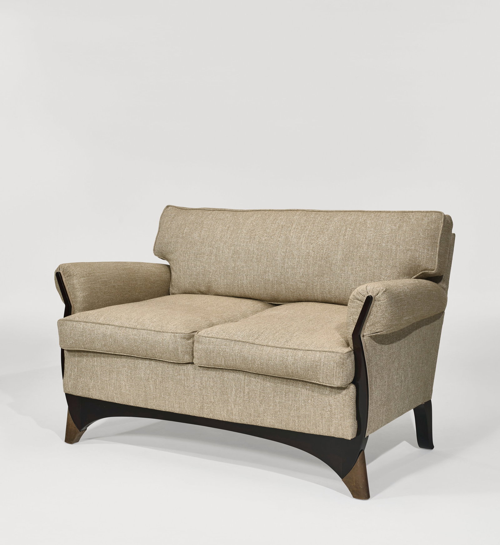 EUGÈNE PRINTZ (1879-1948) Settee, circa 1938: Details EUGÈNE PRINTZ (1879-1948) Settee, circa 1938 stained beech, oxidized brass, fabric upholstery 33 x 51 ½ x 32 ¼ in. (83.8 x 130.8 x 81.9 cm) Provenance Galerie Mathivet, Paris Ac