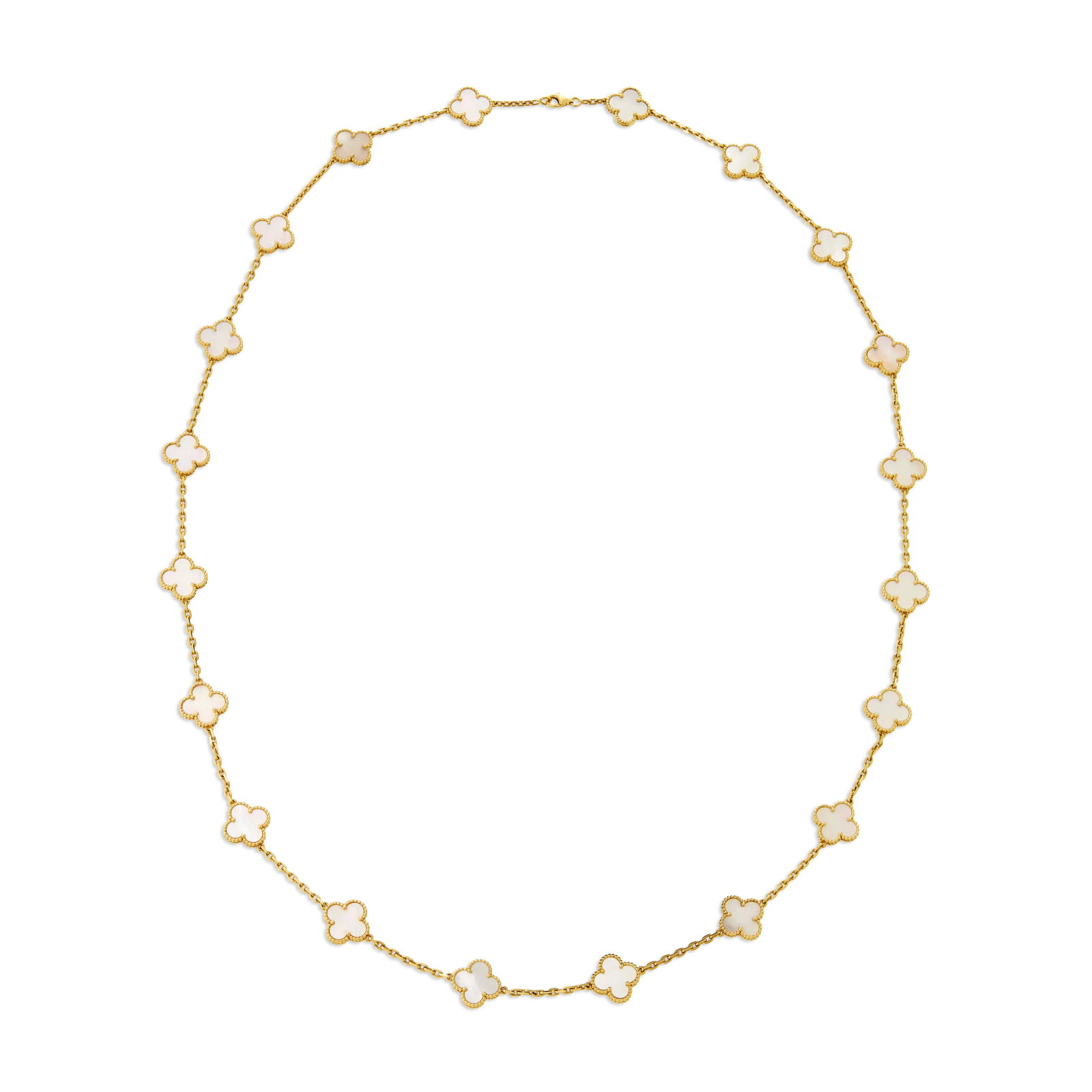 VAN CLEEF & ARPELS MOTHER-OF-PEARL 'VINTAGE ALHAMBRA' NECKLACE: VAN CLEEF & ARPELS MOTHER-OF-PEARL 'VINTAGE ALHAMBRA' NECKLACE Details Of twenty motifs, mother-of-pearl plaques, 18k yellow gold (French mark), signed VCA, numbered Size/Dimensions: 83.8 cm (33 in)