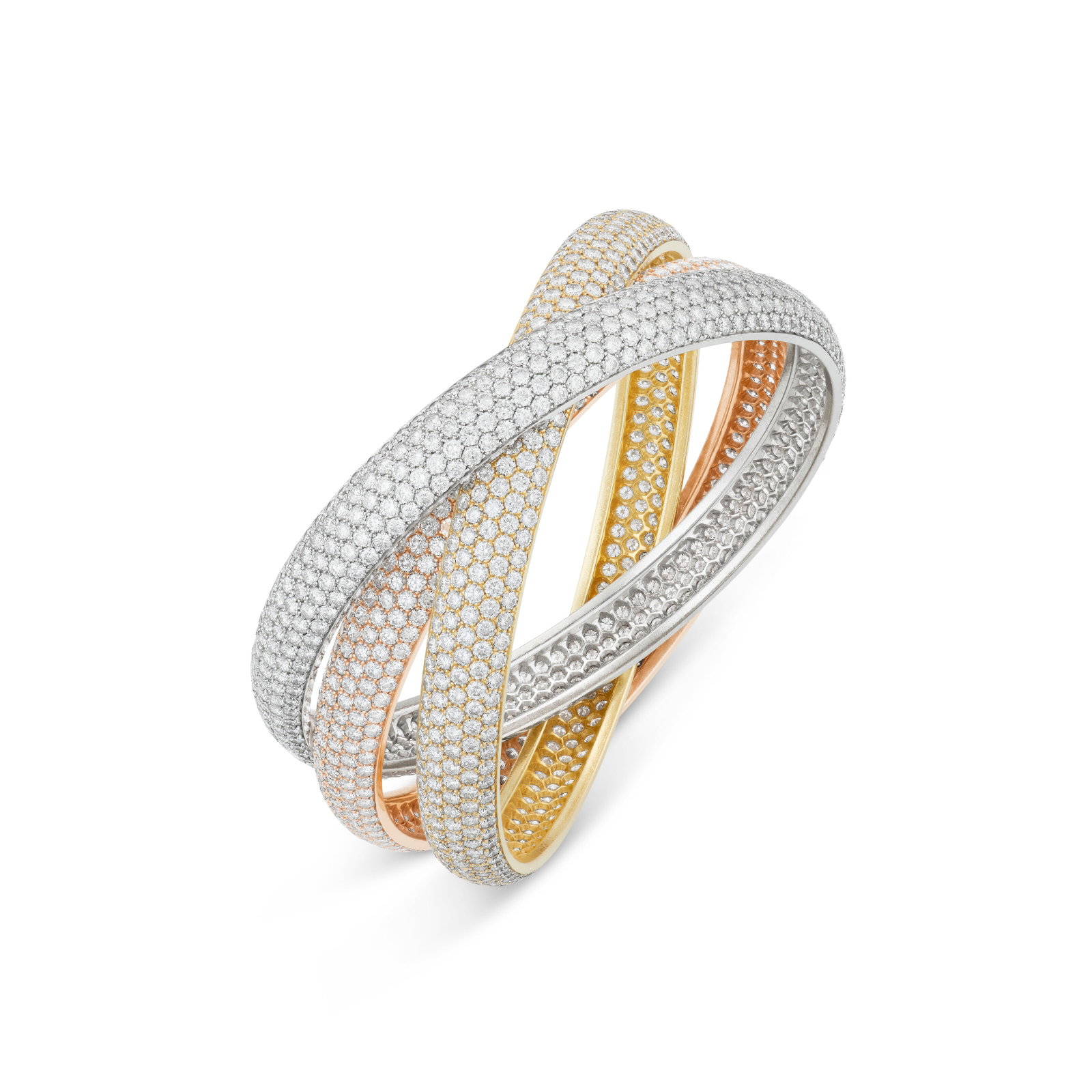 CARTIER DIAMOND AND TRI-COLORED GOLD 'TRINITY' BANGLE BRACELET: CARTIER DIAMOND AND TRI-COLORED GOLD 'TRINITY' BANGLE BRACELET Details Round diamonds, 18k rose, yellow and white gold, signed Cartier, numbered Diamonds: approximately 1,450 round with approximate