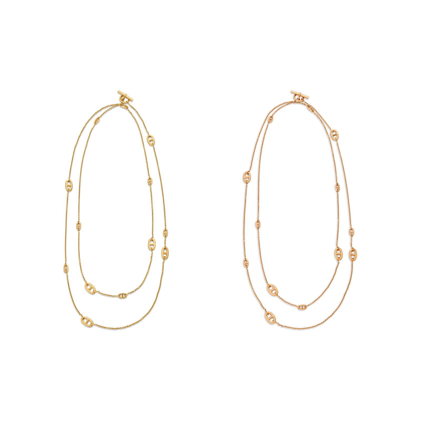 HERMÈS PAIR OF GOLD AND ROSE GOLD 'FARANDOLE' LONGCHAIN NECKLACES: HERMÈS PAIR OF GOLD AND ROSE GOLD 'FARANDOLE' LONGCHAIN NECKLACES Details 18k yellow and rose gold (each with French marks), each signed Hermès, each numbered Size/Dimensions: each 118.1 cm
