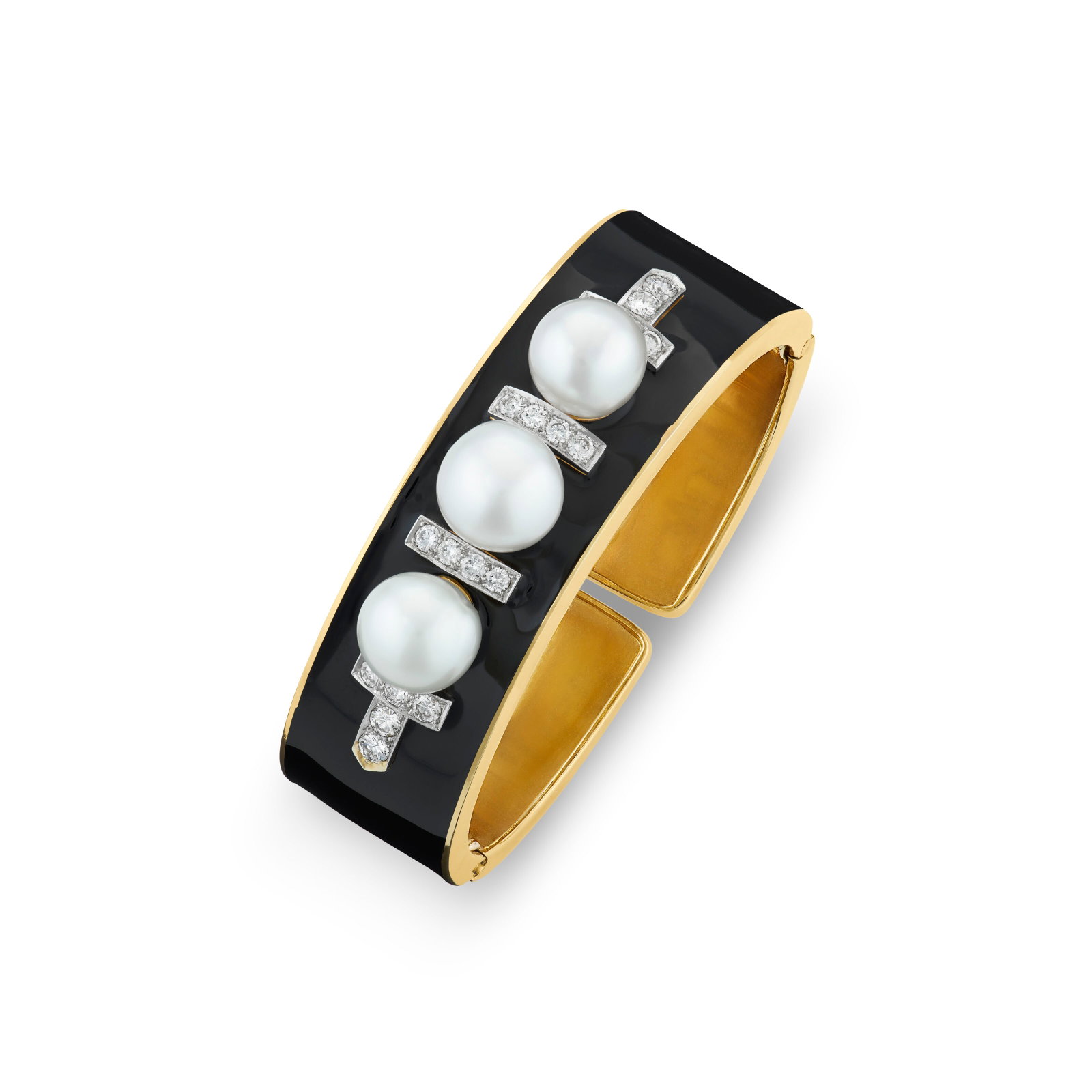 DAVID WEBB CULTURED PEARL, DIAMOND AND ENAMEL CUFF BRACELET (1 of 3)
