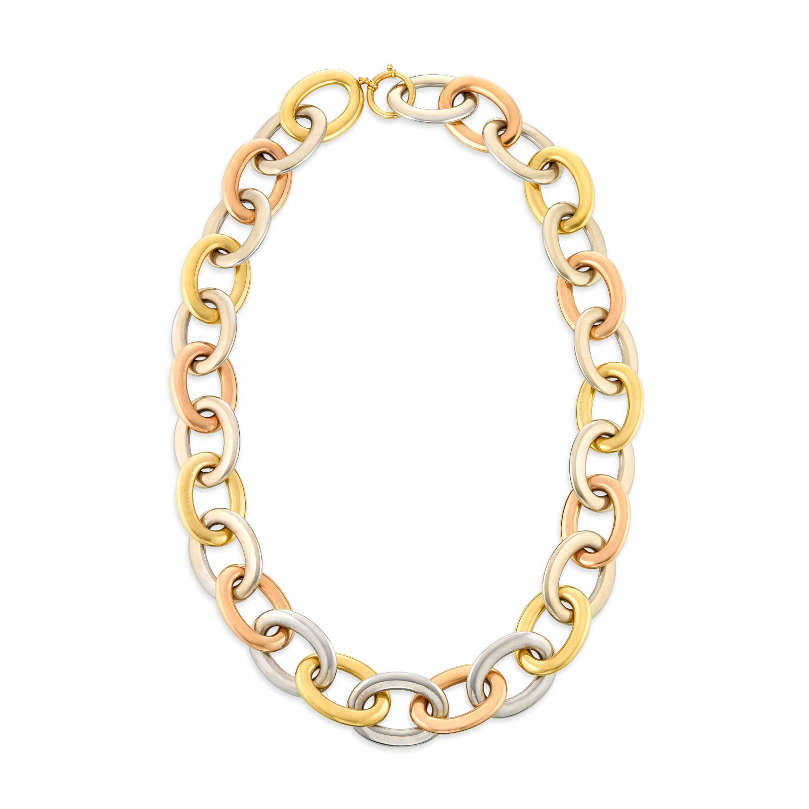 TIFFANY & CO., PALOMA PICASSO TRI-COLORED GOLD LONGCHAIN LINK NECKLACE: TIFFANY & CO., PALOMA PICASSO TRI-COLORED GOLD LONGCHAIN LINK NECKLACE Details 18k yellow, rose and white gold (Italian marks), signed Tiffany & Co., Paloma Picasso, Italy Size/Dimensions: 95.3 cm