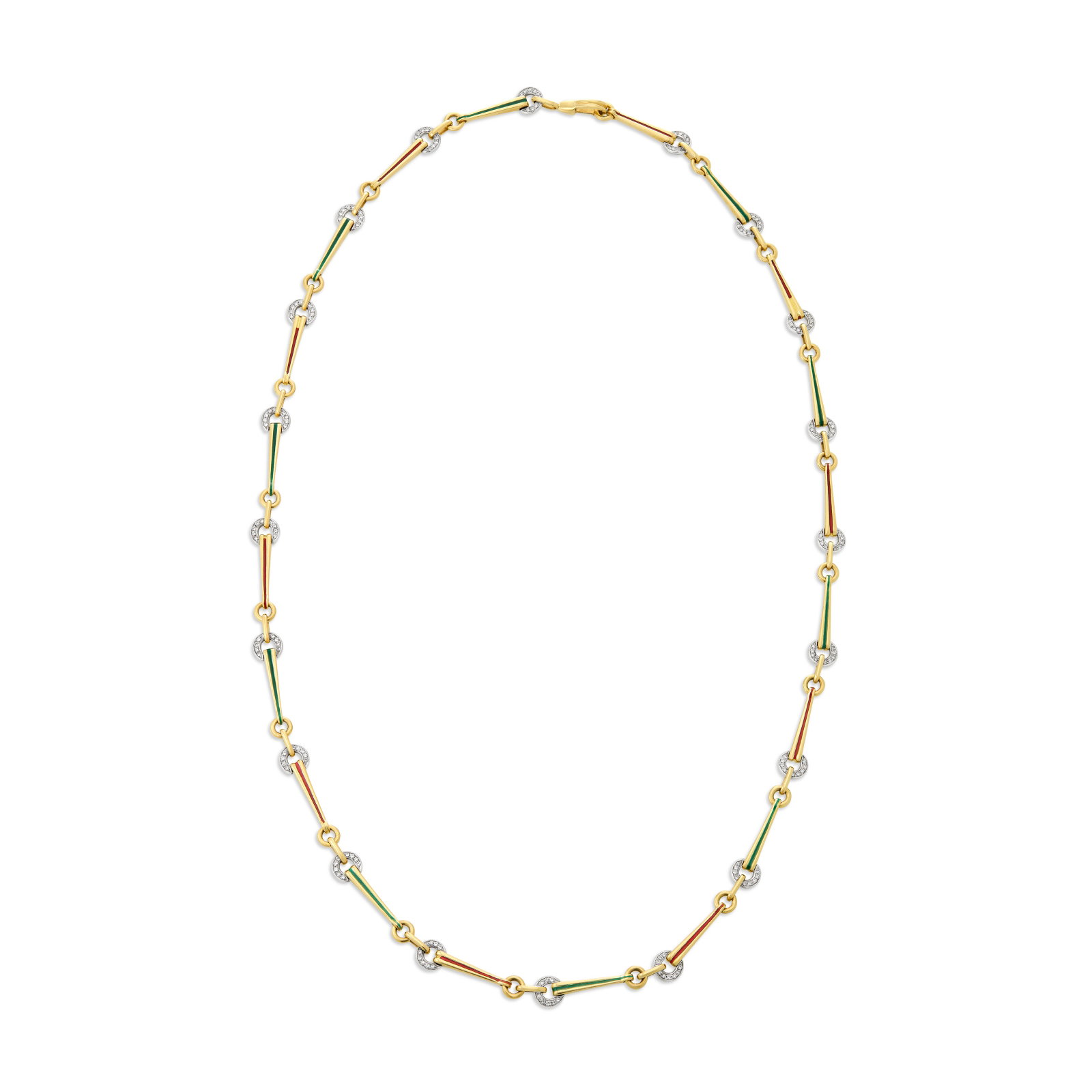 GUCCI DIAMOND AND ENAMEL LONGCHAIN NECKLACE: GUCCI DIAMOND AND ENAMEL LONGCHAIN NECKLACE Details Single-cut diamonds, green and red enamel, 18k yellow and white gold, circa 1975, signed Gucci, Made in Italy, NY Diamonds: 200 single-cut with