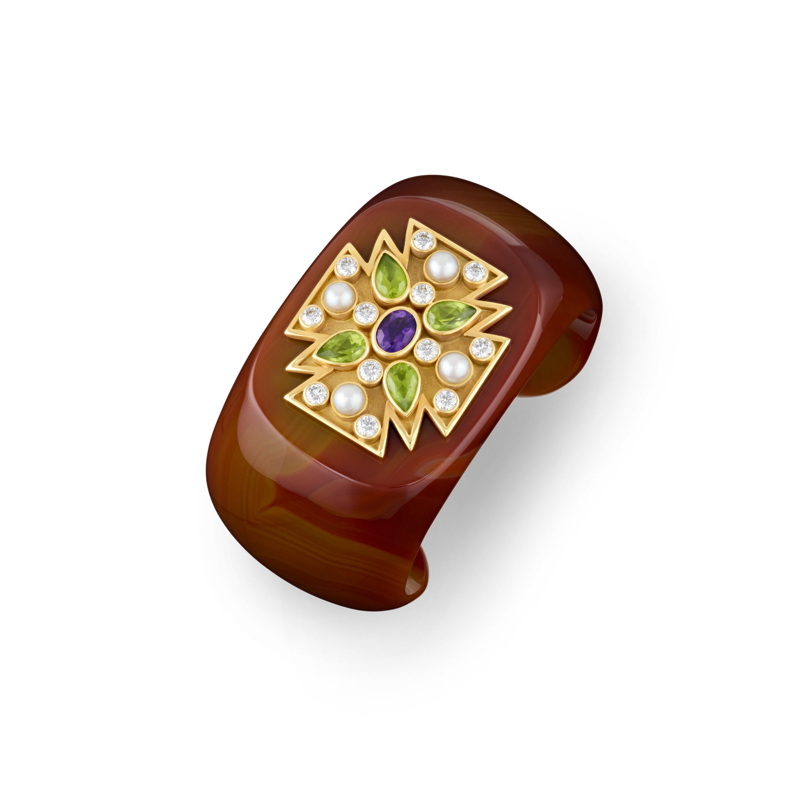 VERDURA MULTI-GEM AND DIAMOND 'MALTESE CROSS' CUFF BRACELET: VERDURA MULTI-GEM AND DIAMOND 'MALTESE CROSS' CUFF BRACELET Details Carved agate, oval-shaped amethyst, pear-shaped peridots, cultured pearls, round diamonds, yellow gold, signed Verdura, maker's