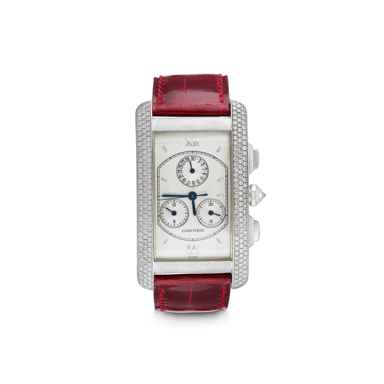 CARTIER DIAMOND AND GOLD 'TANK AMERICANE' CHRONOGRAPH WRISTWATCH: CARTIER DIAMOND AND GOLD 'TANK AMERICANE' CHRONOGRAPH WRISTWATCH Details Quartz movement, round diamonds, 18k white gold (Swiss mark), signed Cartier, Swiss Made, numbered, maker's mark