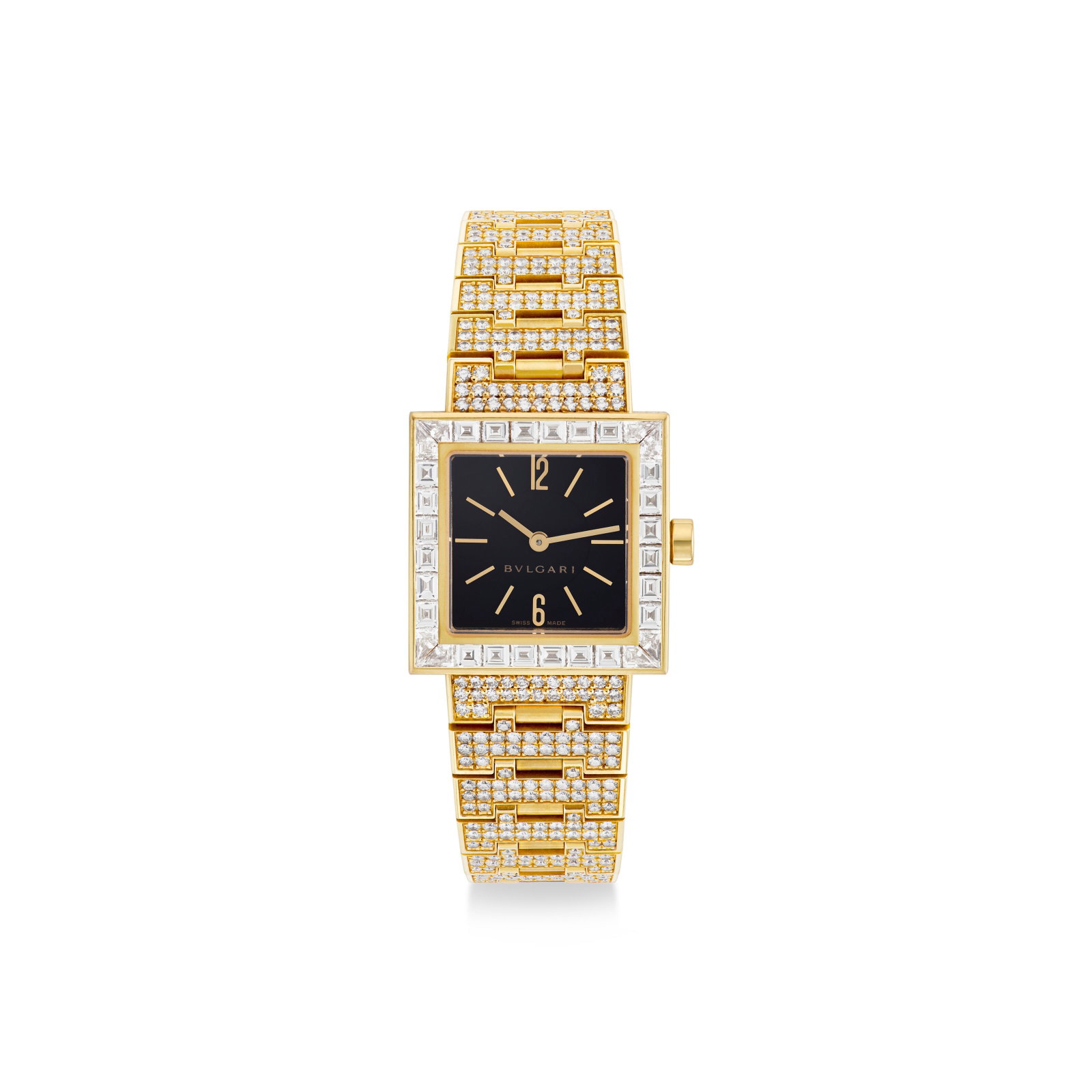 BULGARI DIAMOND AND GOLD ‘QUADRATO’ WRISTWATCH: BULGARI DIAMOND AND GOLD ‘QUADRATO’ WRISTWATCH Details Round, square and fancy-shaped diamonds, 18k yellow gold (Swiss mark), signed Bvlgari, Swiss Made, numbered Diamonds: 610 round, 24