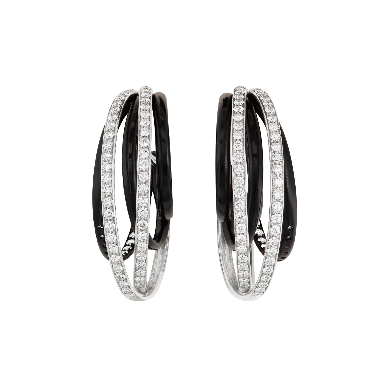 DE GRISOGONO DIAMOND AND LACQUER 'ALLEGRA' EARRINGS: DE GRISOGONO DIAMOND AND LACQUER 'ALLEGRA' EARRINGS Details Round diamonds, black lacquer, 18k white gold (Swiss mark), signed de Grisogono, maker's mark, numbered Diamonds: 172 round diamonds with