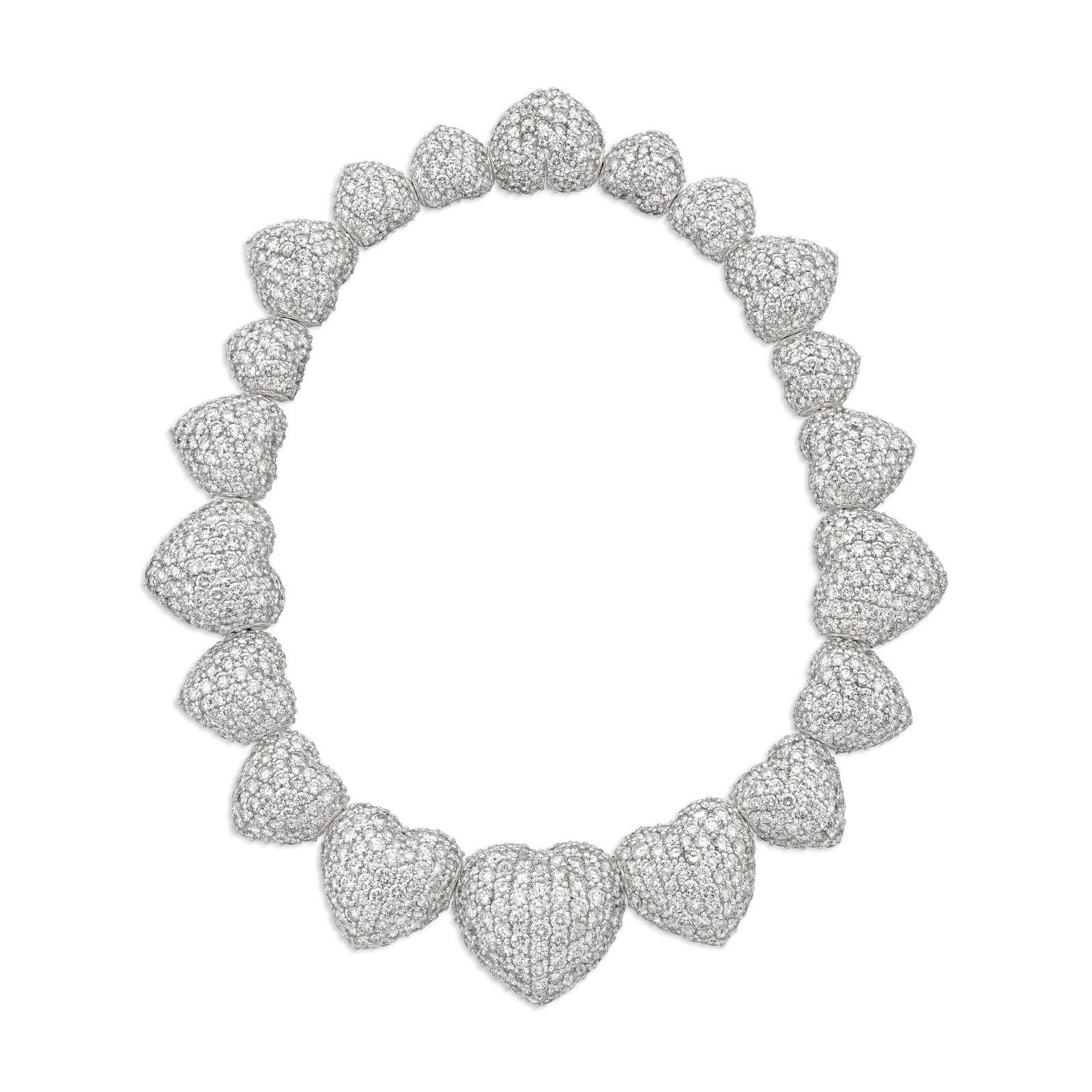 DIAMOND HEART NECKLACE: DIAMOND HEART NECKLACE Details Each link designed as a heart, round diamonds, 18k white gold Diamonds: approximately 1,362 round with an approximate total weight of 108.00 - 110.00 carats