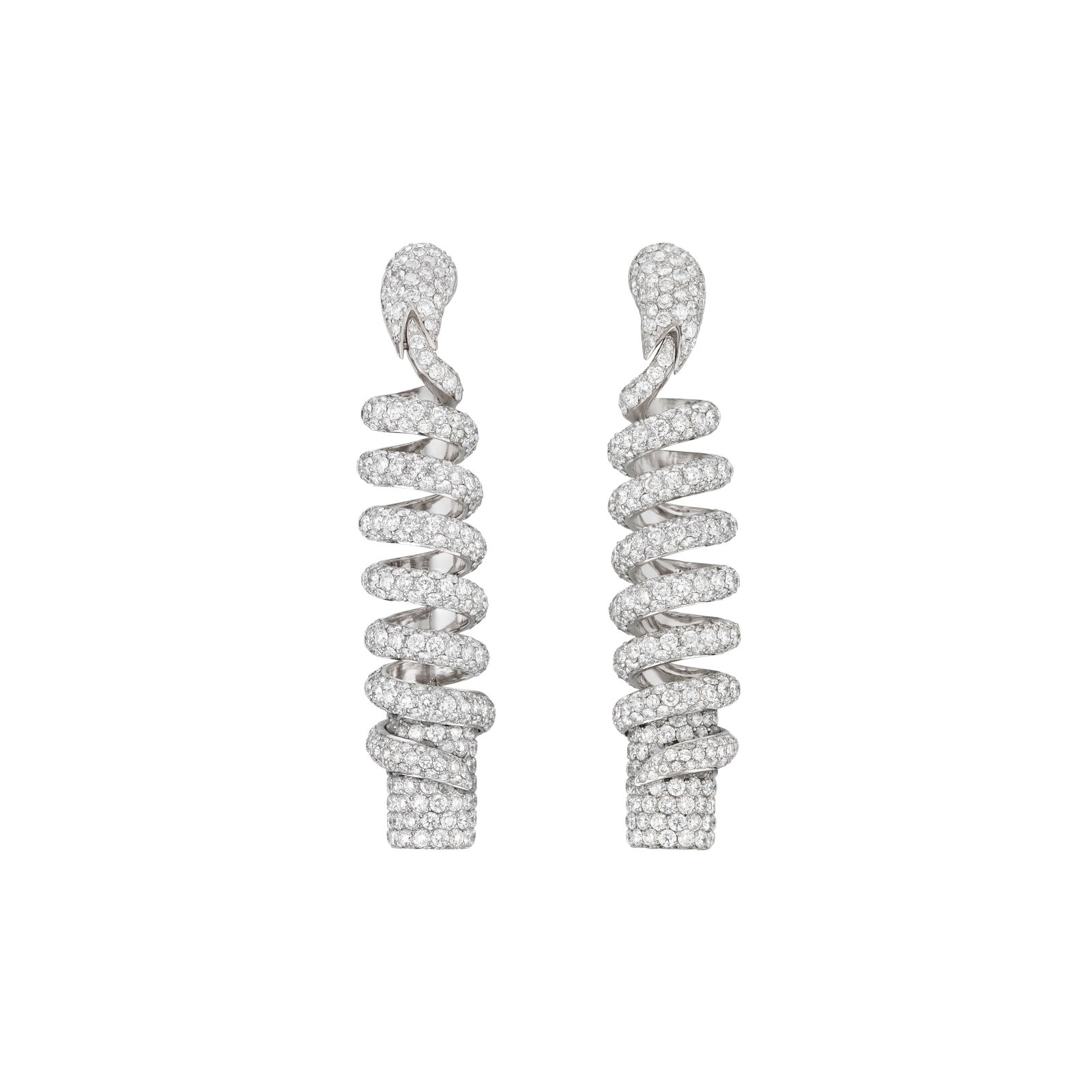 DE GRISOGONO DIAMOND EARRINGS: DE GRISOGONO DIAMOND EARRINGS Details Round diamonds, 18k white gold, signed de Grisogono, maker's marks, numbered Diamonds: approximately 1,100 round with an approximate total weight of 14.00 -