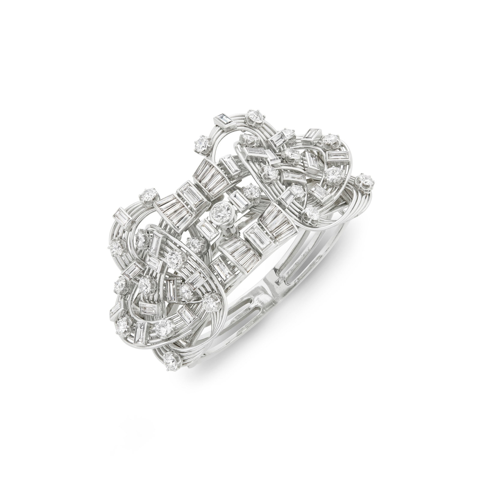 DIAMOND CONVERTIBLE DOUBLE CLIP-BROOCH BANGLE-BRACELET COMBINATION: DIAMOND CONVERTIBLE DOUBLE CLIP-BROOCH BANGLE-BRACELET COMBINATION Details Old, round and baguette-cut diamonds, 18k white gold (French marks), circa 1955, ~Please note the brooches may be worn