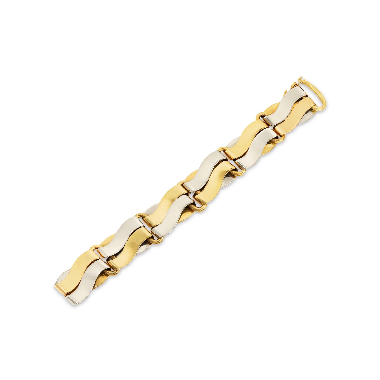 CARTIER BI-COLORED GOLD BRACELET: CARTIER BI-COLORED GOLD BRACELET Details 18k yellow and white gold, circa 1970, signed Cartier, Italy, numbered (partially obscured) Size/Dimensions: 20.0 x 2.2 cm (77⁄8 x 7⁄8 in) Gross