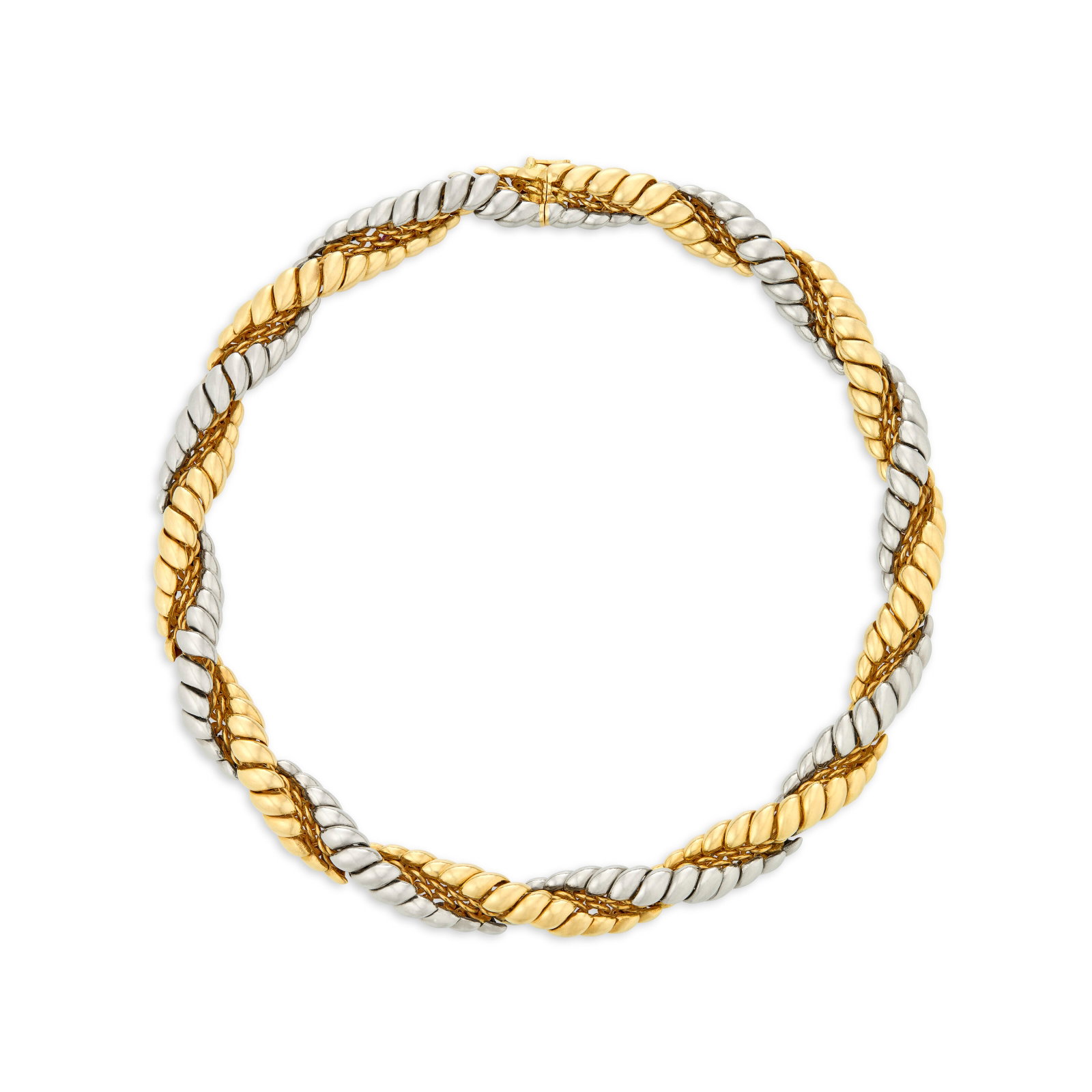 GEORGE L'ENFANT BI-COLORED GOLD NECKLACE: GEORGE L'ENFANT BI-COLORED GOLD NECKLACE Details 18k yellow and white gold (French marks), circa 1970, maker's mark Size/Dimensions: 40.6 cm (16 in) Gross Weight: 170.5 grams