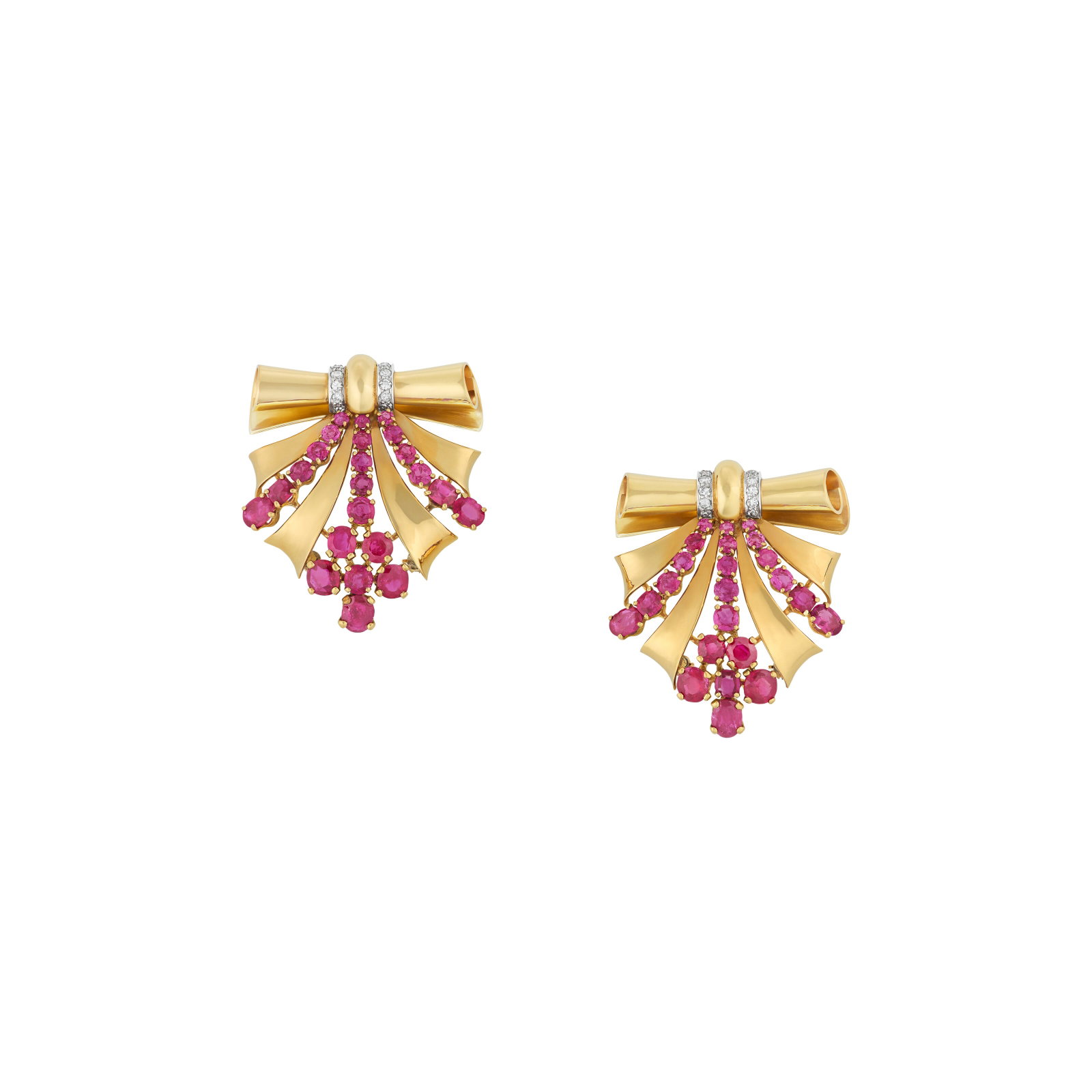 TRABERT & HOEFFER MAUBOUSSIN RETRO RUBY AND DIAMOND PAIR OF COVERTIBLE CLIP BROOCHES: TRABERT & HOEFFER MAUBOUSSIN RETRO RUBY AND DIAMOND PAIR OF COVERTIBLE CLIP BROOCHES Details Round and cushion-shaped rubies, single-cut diamonds, yellow and white gold, circa 1945, each brooch signed