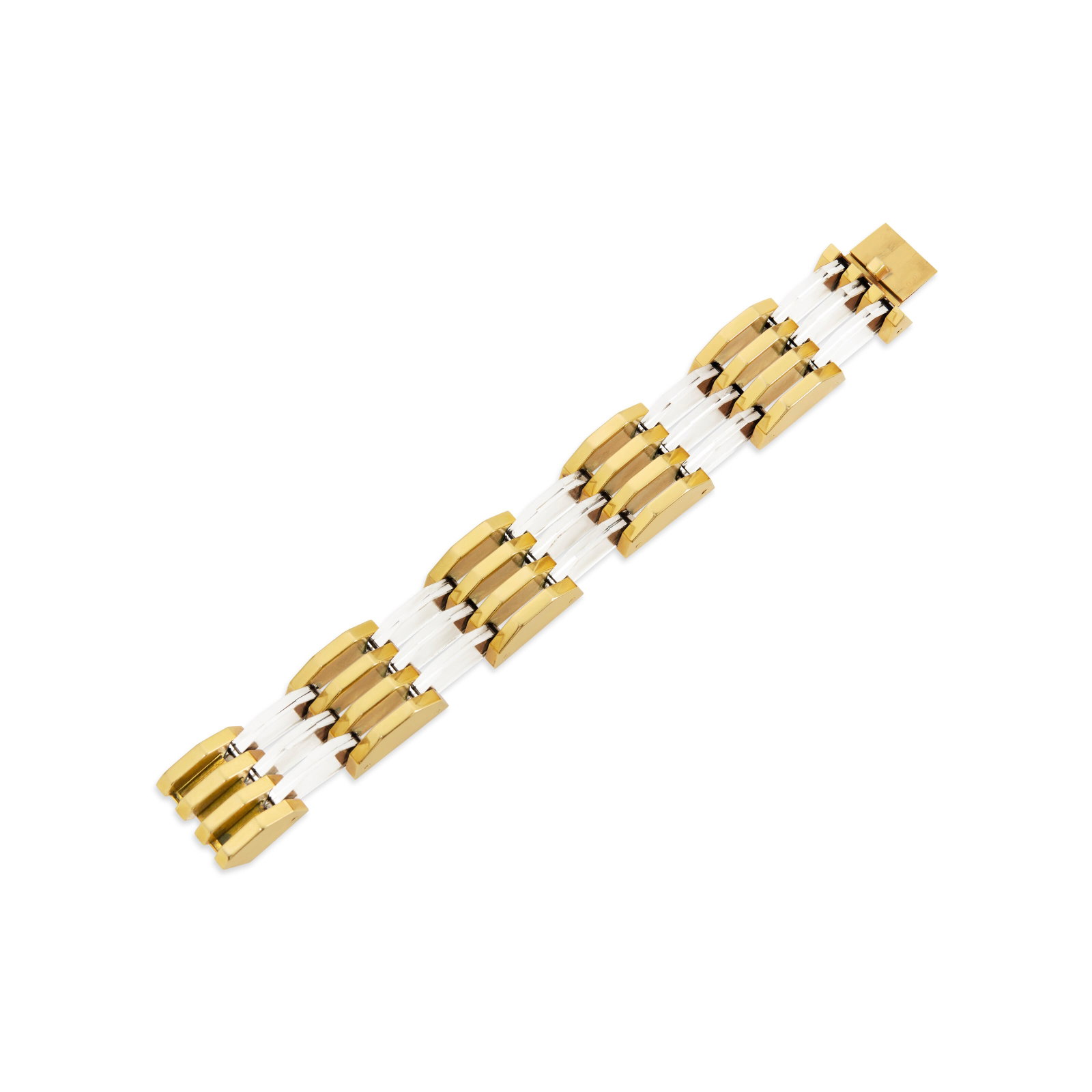 ART DECO ROCK CRYSTAL AND GOLD BRACELET: ART DECO ROCK CRYSTAL AND GOLD BRACELET Details Carved rock crystal links, 18k yellow gold (French marks), circa 1930 Size/Dimensions: 16.8 x 2.0 cm (65⁄8 x 3⁄4 in) Gross Weight: 79.3