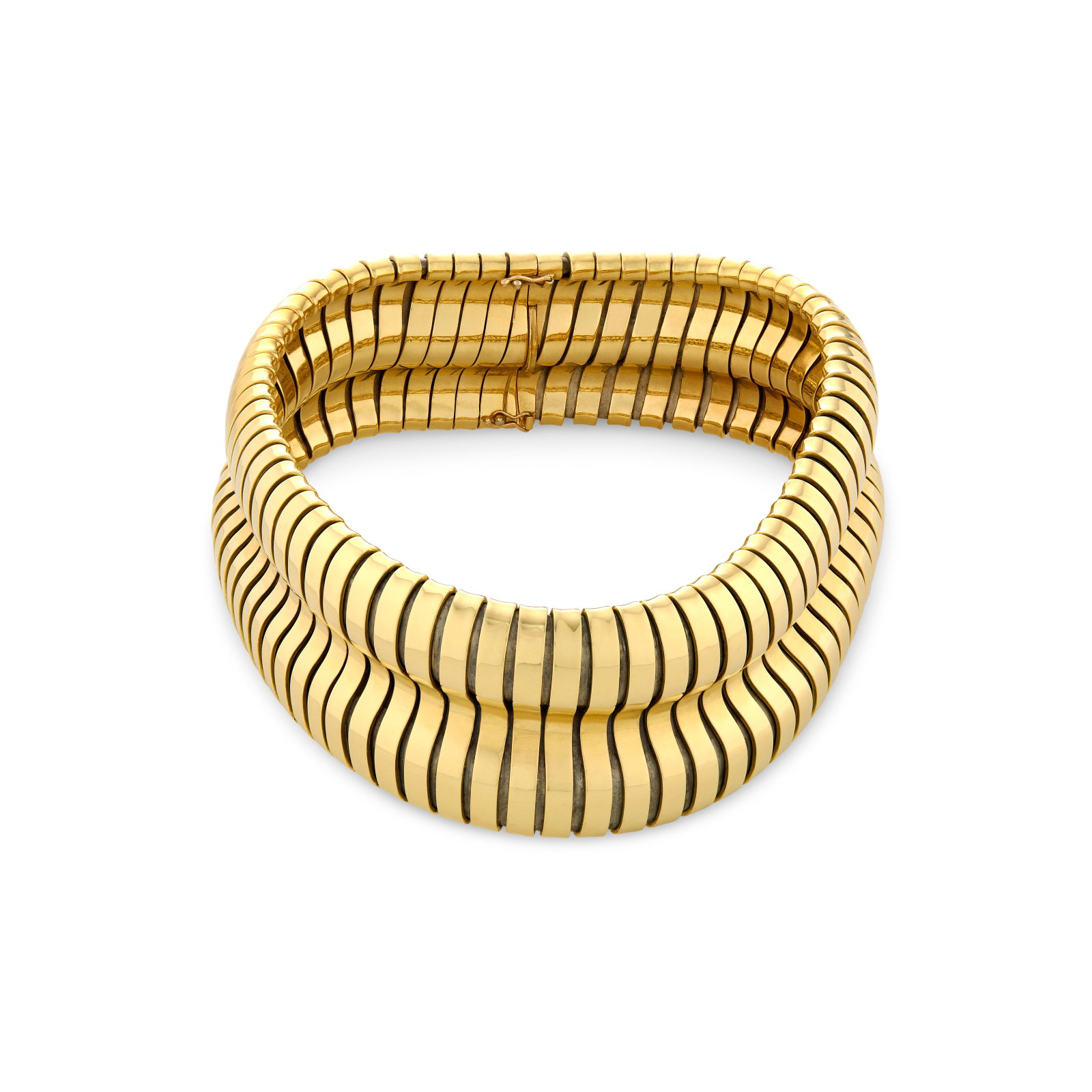 GOLD AND STEEL CHOKER NECKLACE: GOLD AND STEEL CHOKER NECKLACE Details 18k yellow gold and steel (inner element only) Size/Dimensions: flexible, resting 31.7 cm (121⁄2 in), width 5.0 cm (2 in) Gross Weight: 278.2 grams