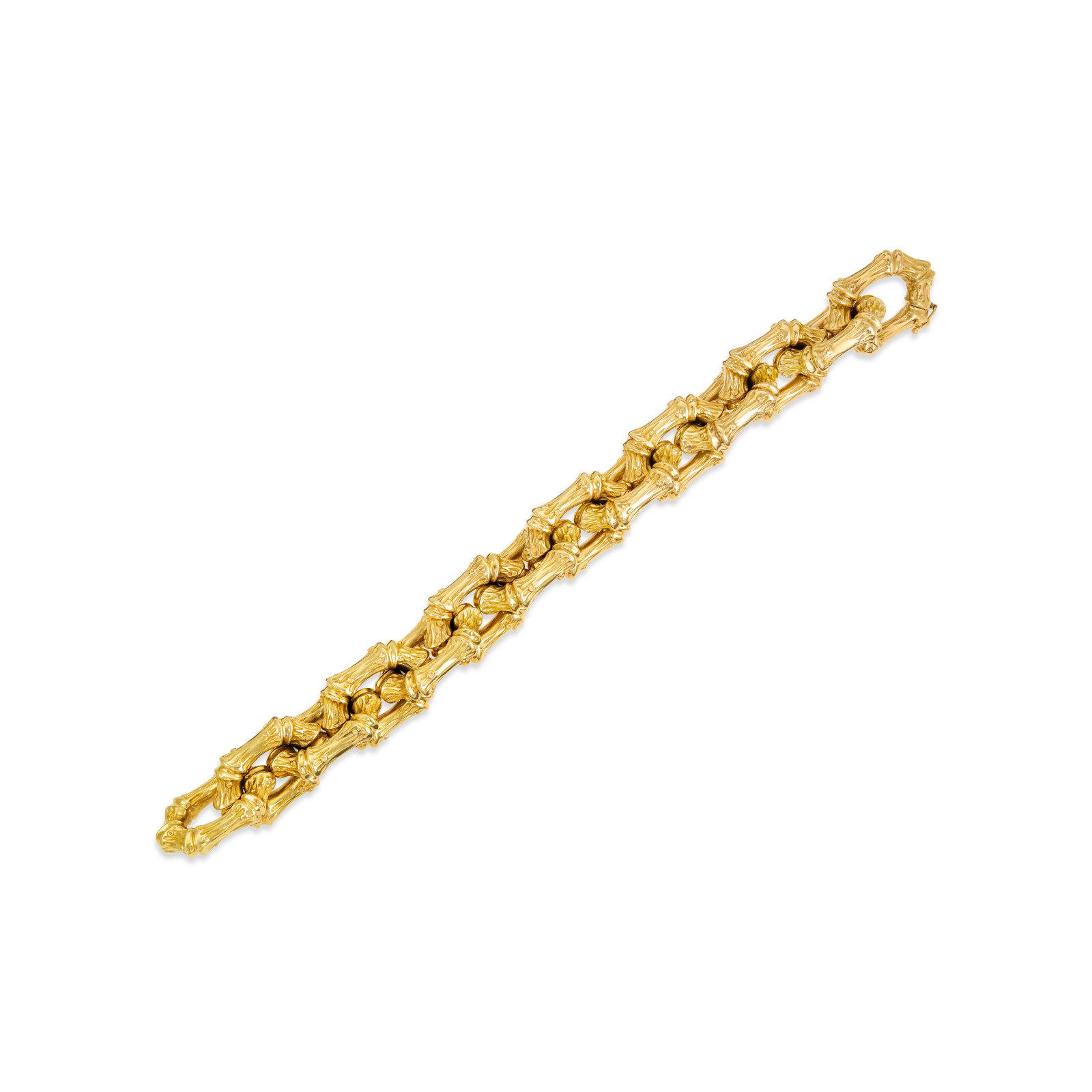 GOLD BAMBOO LINK BRACELET: GOLD BAMBOO LINK BRACELET Details Each link designed as textured bamboo, yellow gold Size/Dimensions: 22.8 cm (9 in) Gross Weight: 227.3 grams