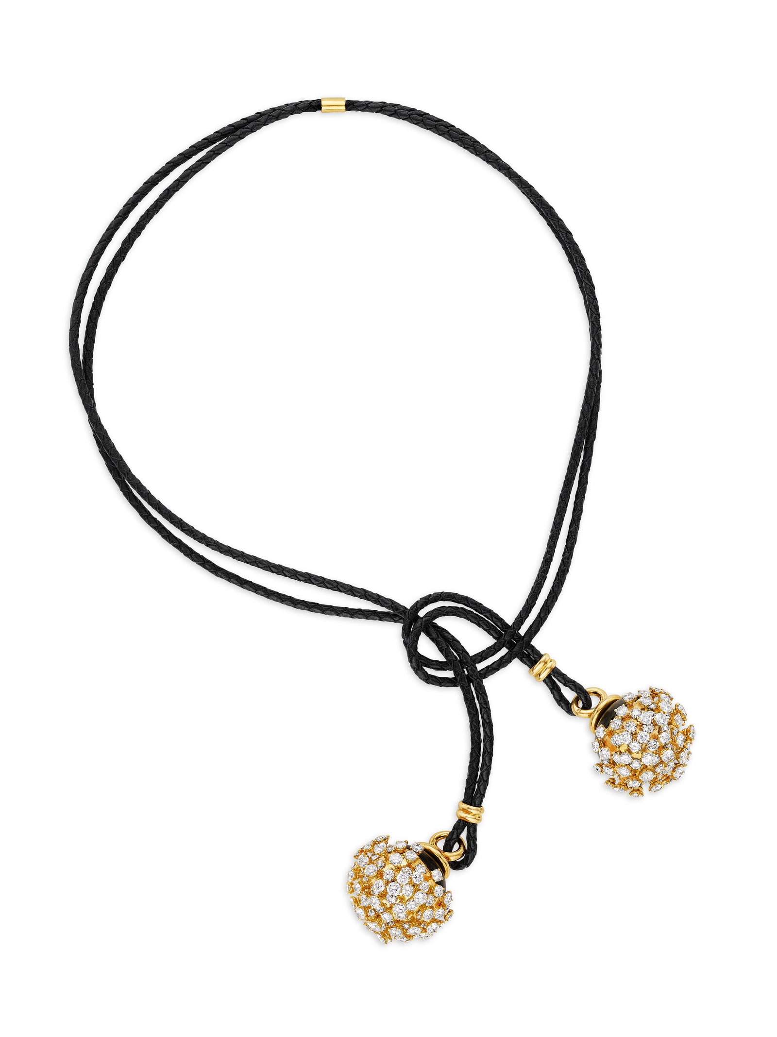 DIAMOND AND LEATHER NECKLACE: DIAMOND AND LEATHER NECKLACE Details Round diamonds, ebony wood, 18k yellow gold (French marks), braided leather cord Diamonds: 220 round with an approximate total weight of 26.00 – 27.00