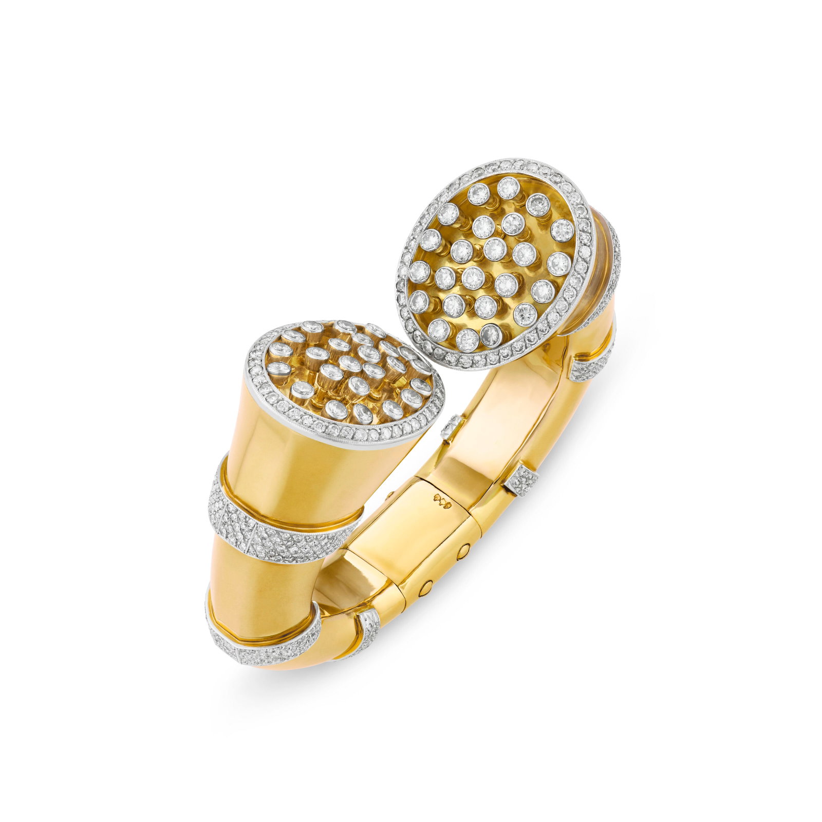 DIAMOND AND GOLD CUFF BRACELET: DIAMOND AND GOLD CUFF BRACELET Details Single-cut and round diamonds, 18k yellow gold and platinum (French marks) Diamonds: approximately 590 single and 132 round with an approximate total weight of