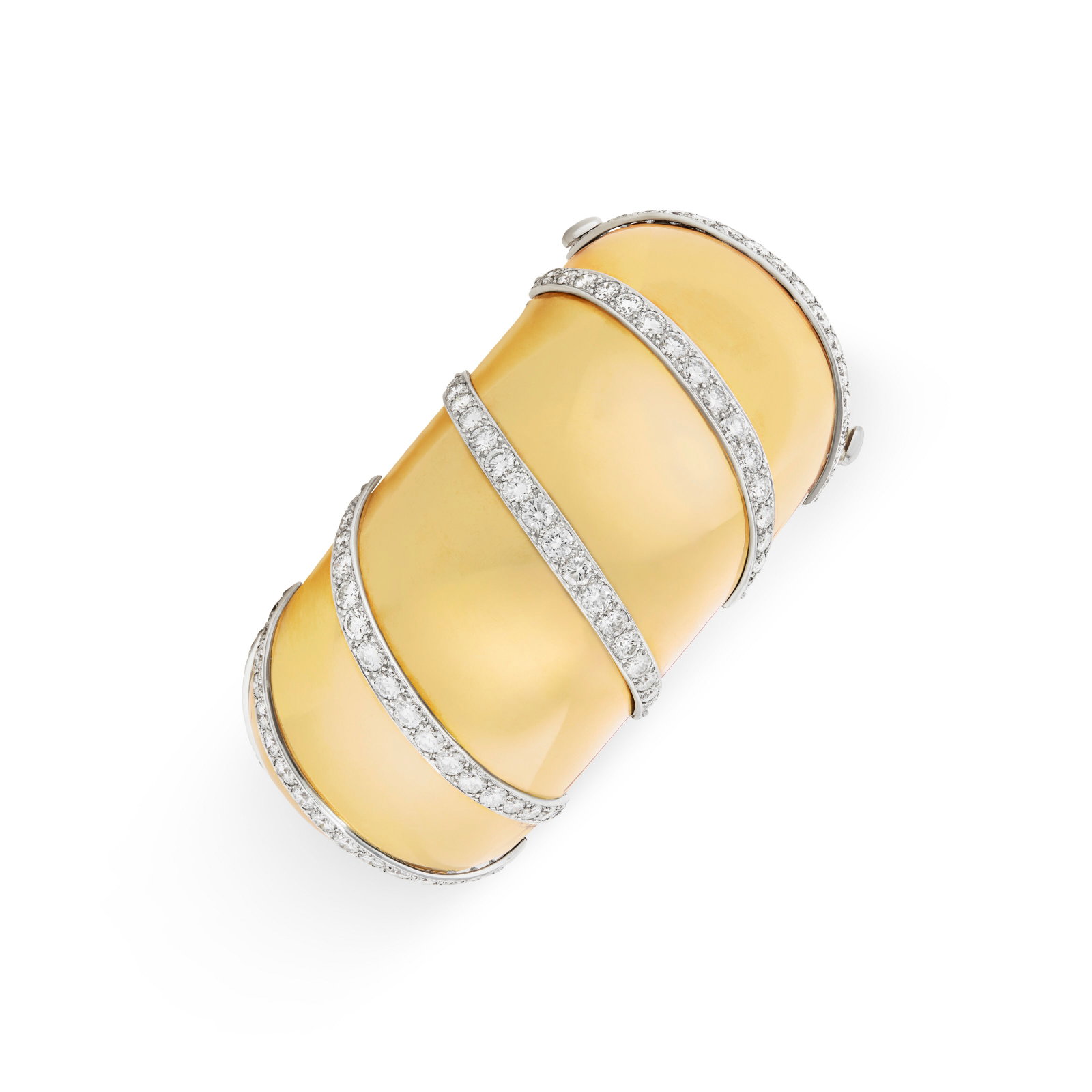 GOLD, PLATINUM AND DIAMOND BANGLE BRACELET: GOLD, PLATINUM AND DIAMOND BANGLE BRACELET Details Round diamonds, yellow gold and platinum, circa 1975 Diamonds: 170 round with approximate total weight 16.00 - 18.00 carats Size/Dimensions: inner