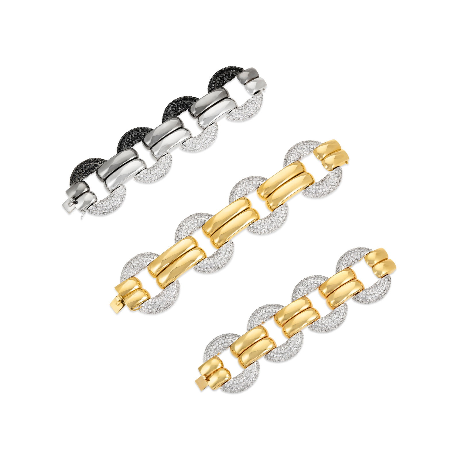 SET OF DIAMOND, COLORED DIAMOND AND GOLD BRACELETS: SET OF DIAMOND, COLORED DIAMOND AND GOLD BRACELETS Details Round diamonds and black diamonds, 18k yellow, white and blackened gold Diamonds (shorter yellow gold bracelet): 456 round with an approximat