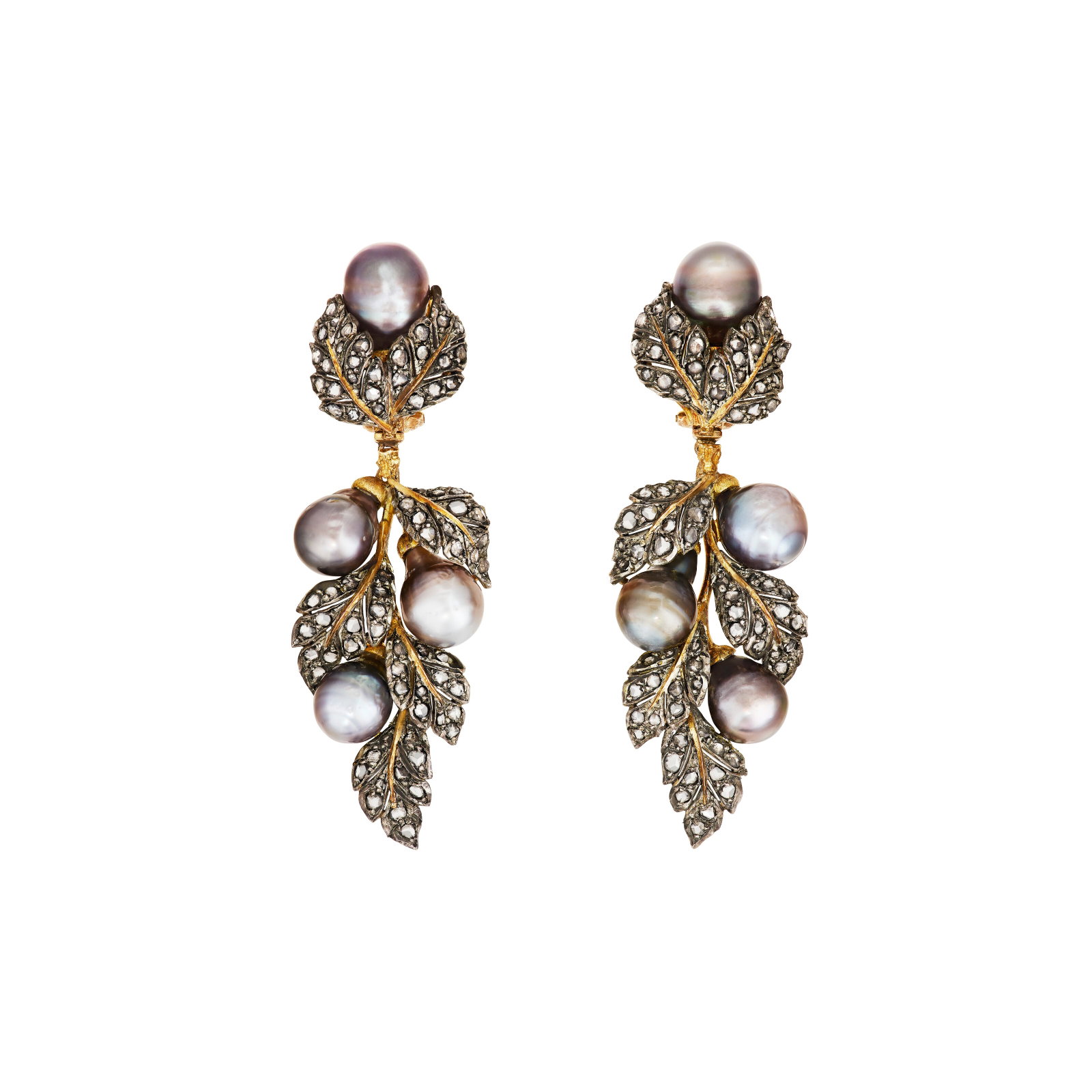 BUCCELLATI CULTURED PEARL AND DIAMOND EARRINGS: BUCCELLATI CULTURED PEARL AND DIAMOND EARRINGS Details Gray cultured pearls, rose-cut diamonds, silver-topped gold and 18k yellow gold, signed Gianmaria Buccellati, Italy Diamonds: approximately 158