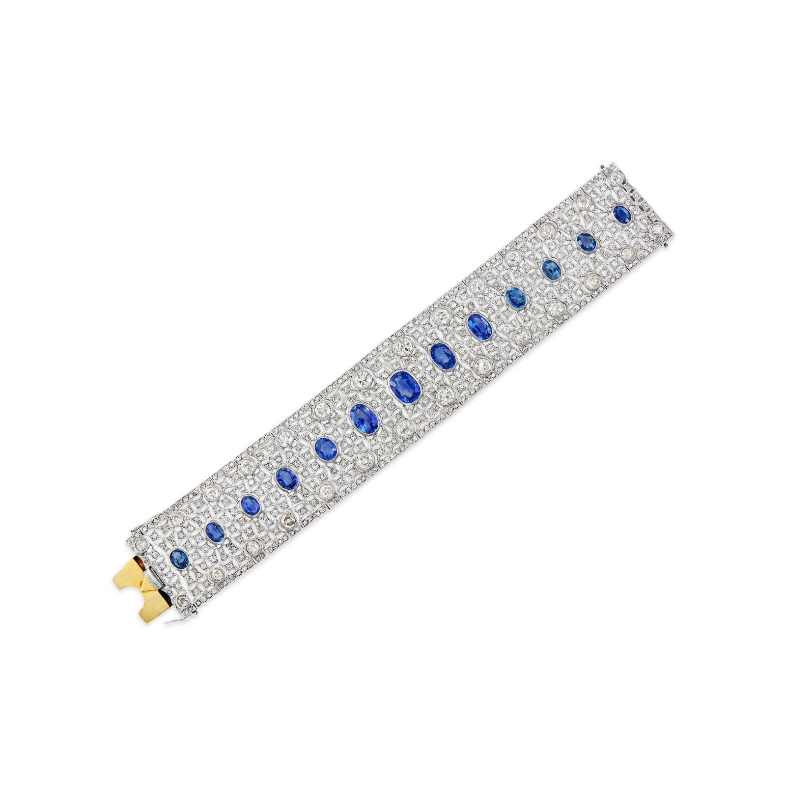 ART DECO SAPPHIRE AND DIAMOND BRACELET: ART DECO SAPPHIRE AND DIAMOND BRACELET Details Oval-shaped sapphires, old and single-cut diamonds, platinum, circa 1935, signed A. Sordelli, Milano Sapphires: largest oval-shaped with approximate