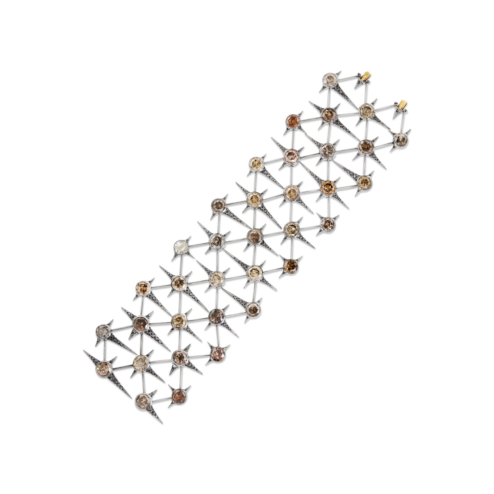 COLORED DIAMOND BRACELET, ATTRIBUTED TO VBH: COLORED DIAMOND BRACELET, ATTRIBUTED TO VBH Details Round and inversely-set colored diamonds, 18k blackened and yellow gold (Italian mark), numbered, accompanied by a detachable extender Diamonds: