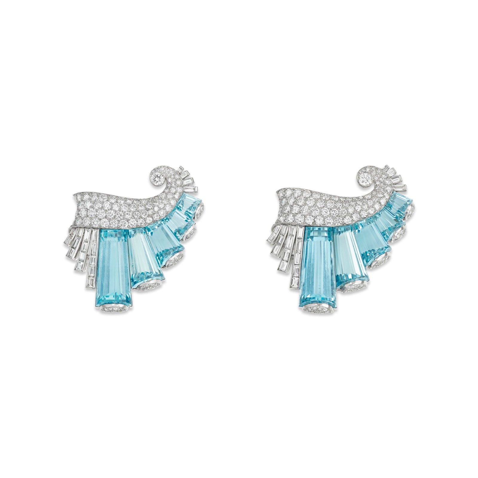 PAIR OF AQUAMARINE AND DIAMOND CLIP-BROOCHES: PAIR OF AQUAMARINE AND DIAMOND CLIP-BROOCHES Details Rectangular and square fancy-shaped aquamarines, round, old-cut and baguette diamonds, platinum, circa 1950 Diamonds (each brooch): approximately