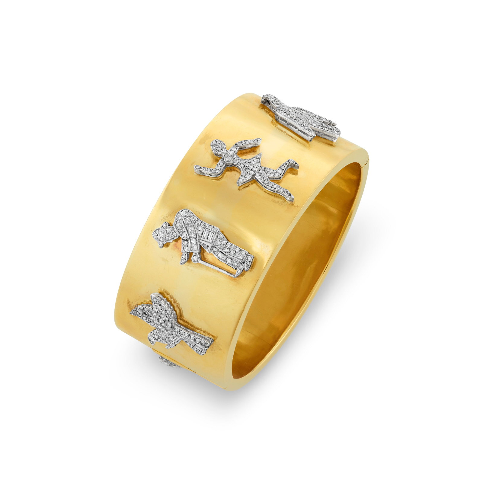 RETRO DIAMOND AND GOLD BANGLE BRACELET: RETRO DIAMOND AND GOLD BANGLE BRACELET Details Stylized animal and human figures, baguette and single-cut diamonds, 18k yellow gold and platinum, circa 1945 Diamonds: approximately 430 baguette and