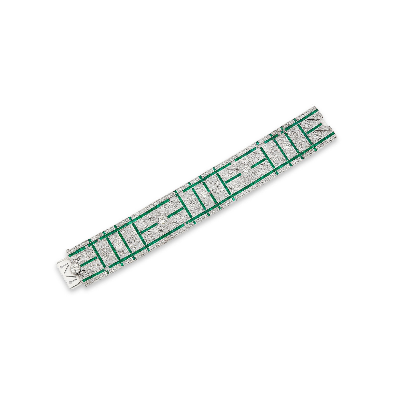 ART DECO EMERALD AND DIAMOND BRACELET: ART DECO EMERALD AND DIAMOND BRACELET Details Calibré-cut emeralds, old and single-cut diamonds, platinum, circa 1930, deficient one diamond and numerous emeralds Diamonds: 365 old and