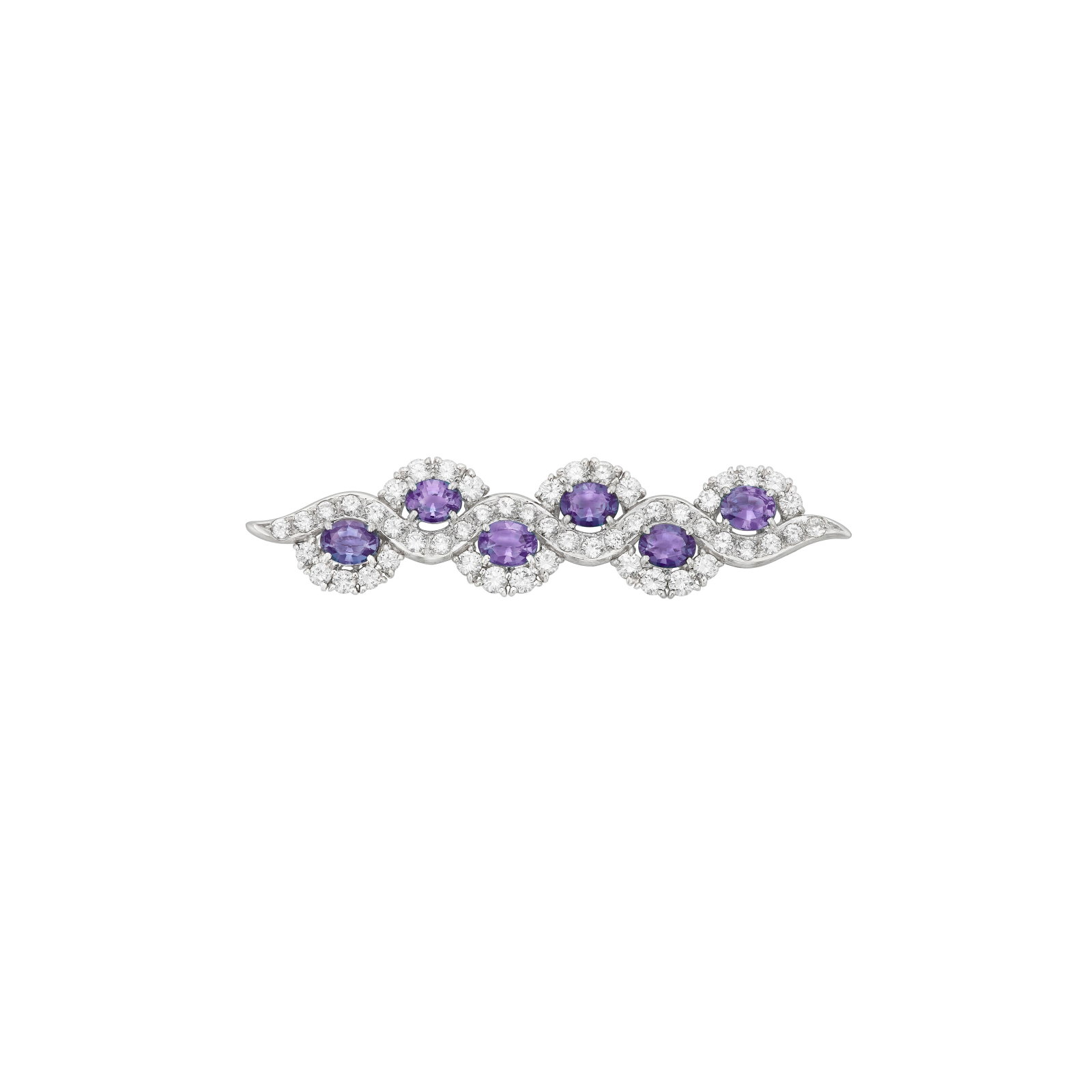 ALEXANDRITE AND DIAMOND BROOCH: ALEXANDRITE AND DIAMOND BROOCH Details Oval-shaped alexandrites, round diamonds, 18k white gold and platinum AGL, 2026, report no. 1156036: one tested, 0.37 carat, Brazil, no standard enhancement,