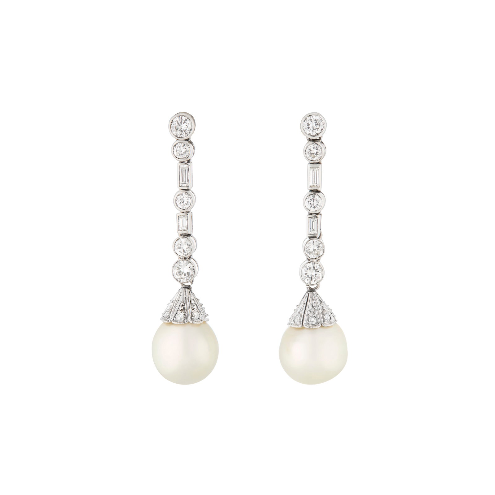 DIAMOND AND CULTURED PEARL EARRINGS: DIAMOND AND CULTURED PEARL EARRINGS Details Round, single and baguette-cut diamonds, near-round cultured pearls of approximately 11.80 and 11.50 mm, platinum and white gold Diamonds: 22 round, single