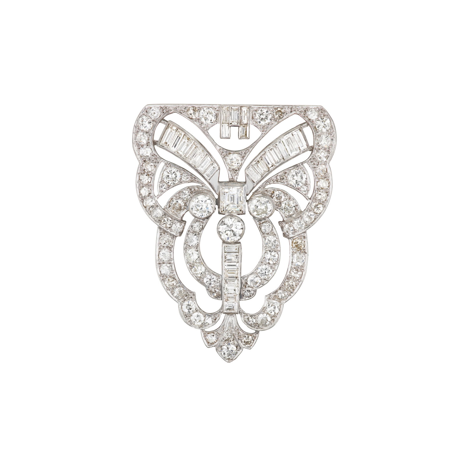 ART DECO DIAMOND CLIP: ART DECO DIAMOND CLIP Details Old, square and baguette-cut diamonds, platinum and white gold (clip only), circa 1925 Diamonds: approximately 98 old, square and baguette-cut with an approximate total
