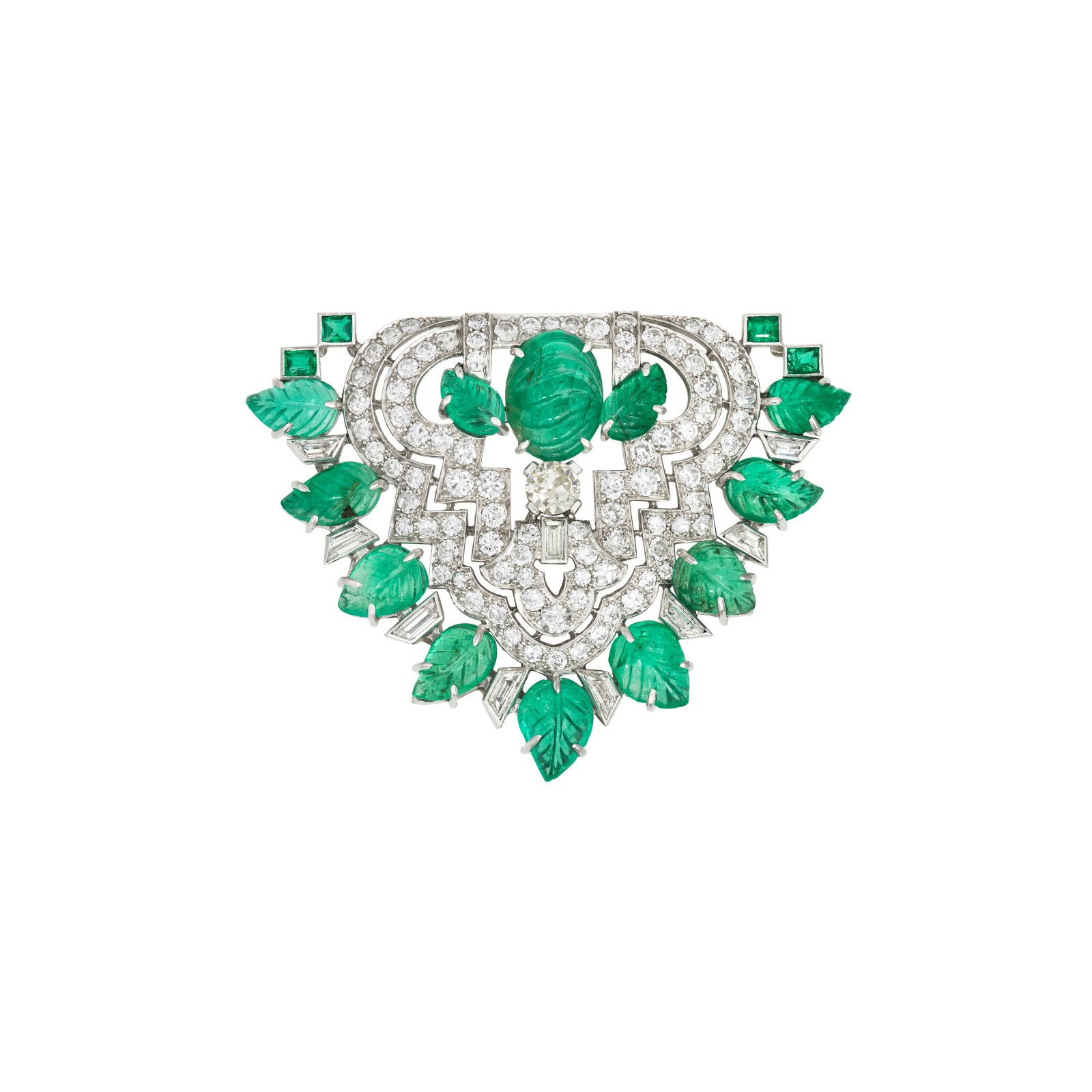 ART DECO EMERALD AND DIAMOND CLIP: ART DECO EMERALD AND DIAMOND CLIP Details Carved and rectangular-shaped emeralds, old, baguette-cut and trapezoid-shaped diamonds, platinum, circa 1925 Diamonds: approximately 88 old, 1 baguette and