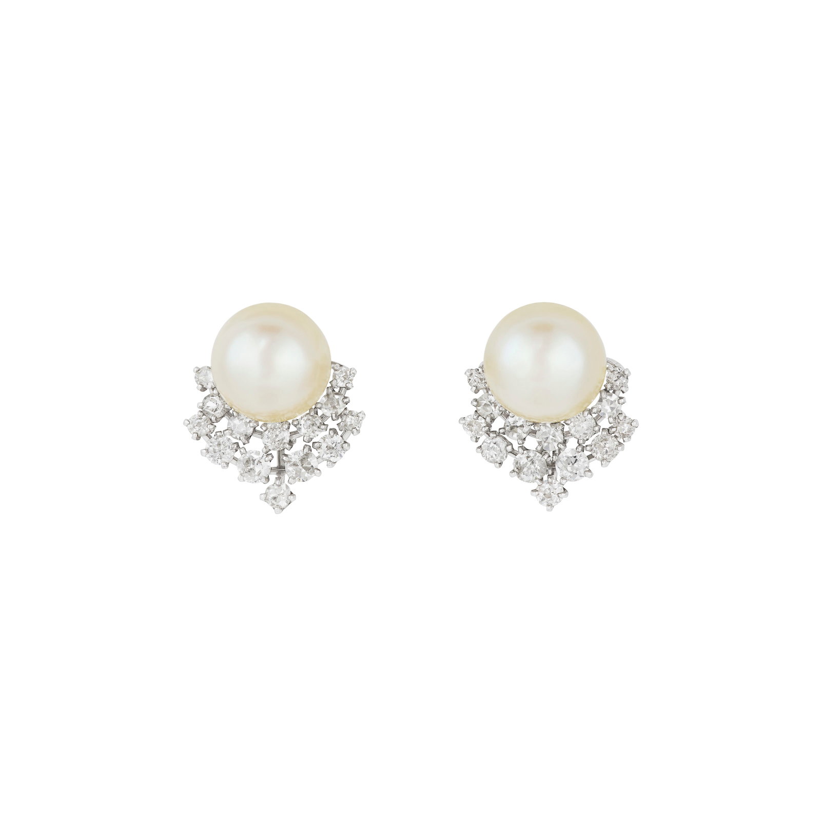 CARTIER NATURAL PEARL AND DIAMOND EARRINGS: CARTIER NATURAL PEARL AND DIAMOND EARRINGS Details Button-shaped natural pearls of 10.25 and 10.31 mm, old and single-cut diamonds, platinum, circa 1950, signed Cartier, numbered GIA, 2026, report