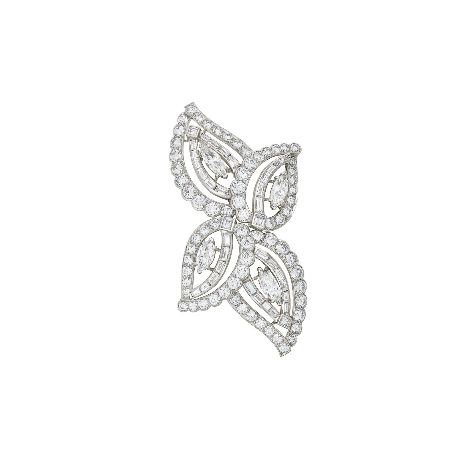 CARTIER DIAMOND DOUBLE CLIP-BROOCH: CARTIER DIAMOND DOUBLE CLIP-BROOCH Details Marquise, round, square and baguette-cut diamonds, platinum, circa 1950, signed Cartier, numbered (partially indistinct), detachable and may be worn as two