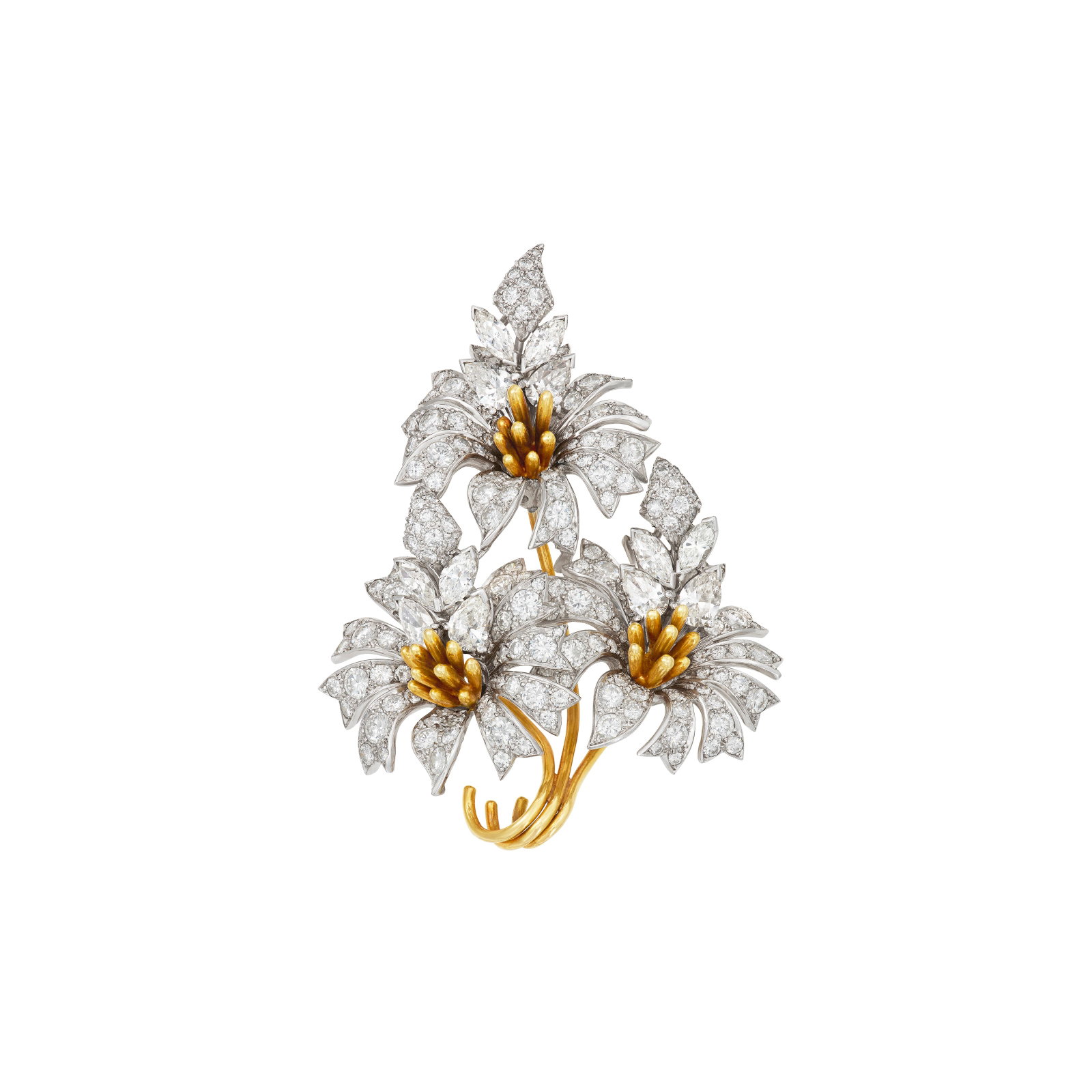 DIAMOND FLOWER BROOCH, ATTRIBUTED TO JEAN SCHLUMBERGER FOR TIFFANY & CO.: DIAMOND FLOWER BROOCH, ATTRIBUTED TO JEAN SCHLUMBERGER FOR TIFFANY & CO. Details Designed as three flowers, round, single, pear and marquise-shaped diamonds, platinum and yellow gold, circa 1960,