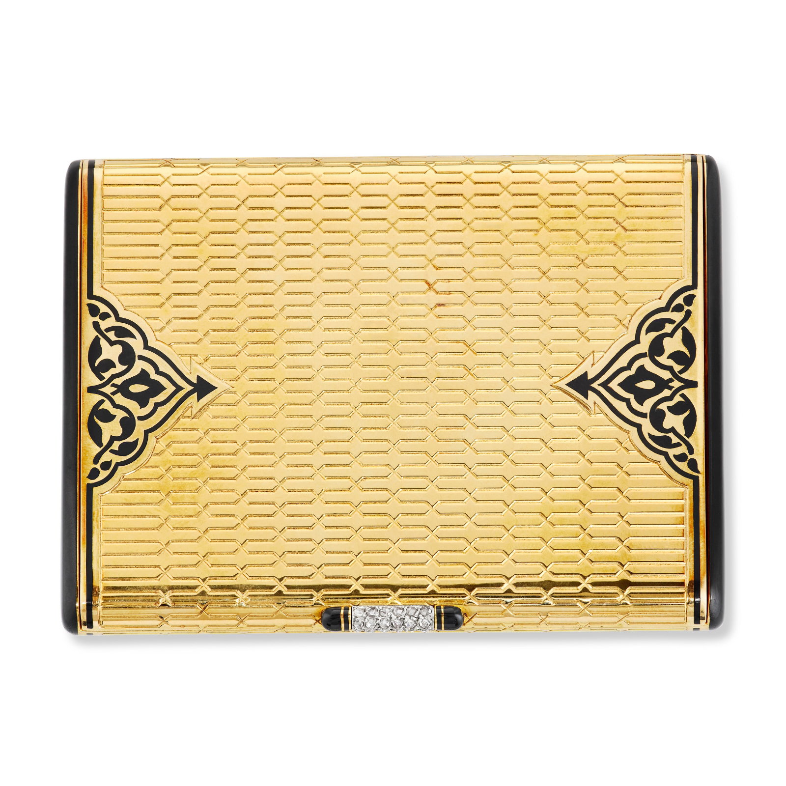 CARTIER ART DECO ENAMEL, DIAMOND AND GOLD COMPACT: CARTIER ART DECO ENAMEL, DIAMOND AND GOLD COMPACT Details Opening to reveal a single compartment, black enamel, rose-cut diamonds, 18k yellow gold, circa 1930, signed Cartier, numbered (partially