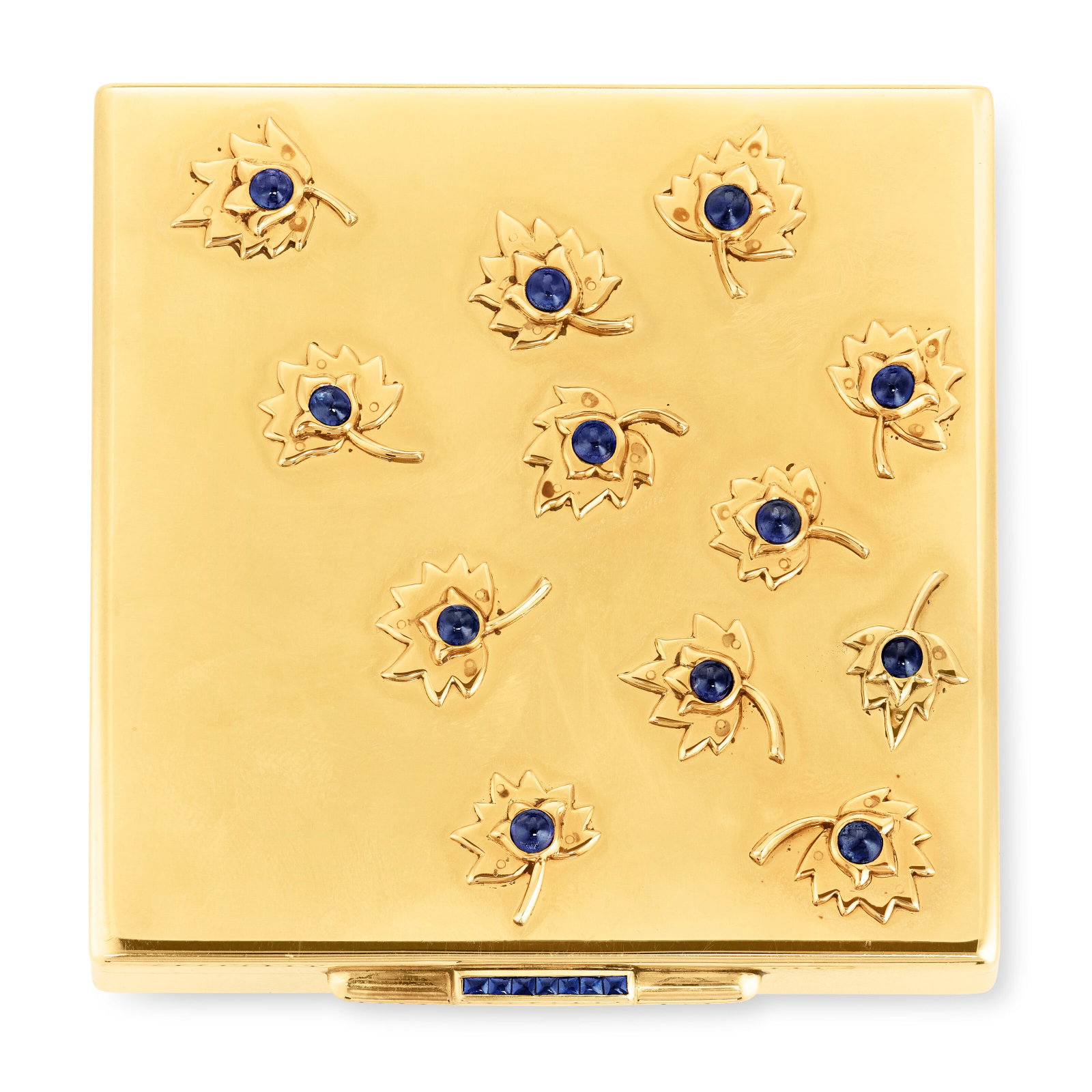CARTIER SAPPHIRE AND GOLD COMPACT: CARTIER SAPPHIRE AND GOLD COMPACT Details Opening to reveal a single compartment and fitted mirror, round cabochon and buff-top sapphires, 18k yellow gold, signed Cartier, numbered, maker's mark