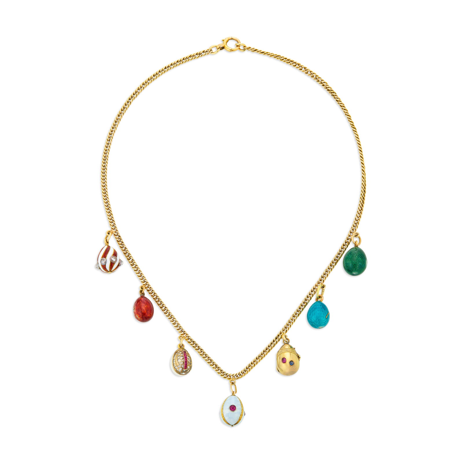 ANTIQUE MULTI-GEM AND ENAMEL EGG-PENDANT NECKLACE: ANTIQUE MULTI-GEM AND ENAMEL EGG-PENDANT NECKLACE Details Seven egg-pendants, guilloché enamel, round, calibré and cabochon rubies, cabochon sapphire, rose-cut diamonds, yellow gold,