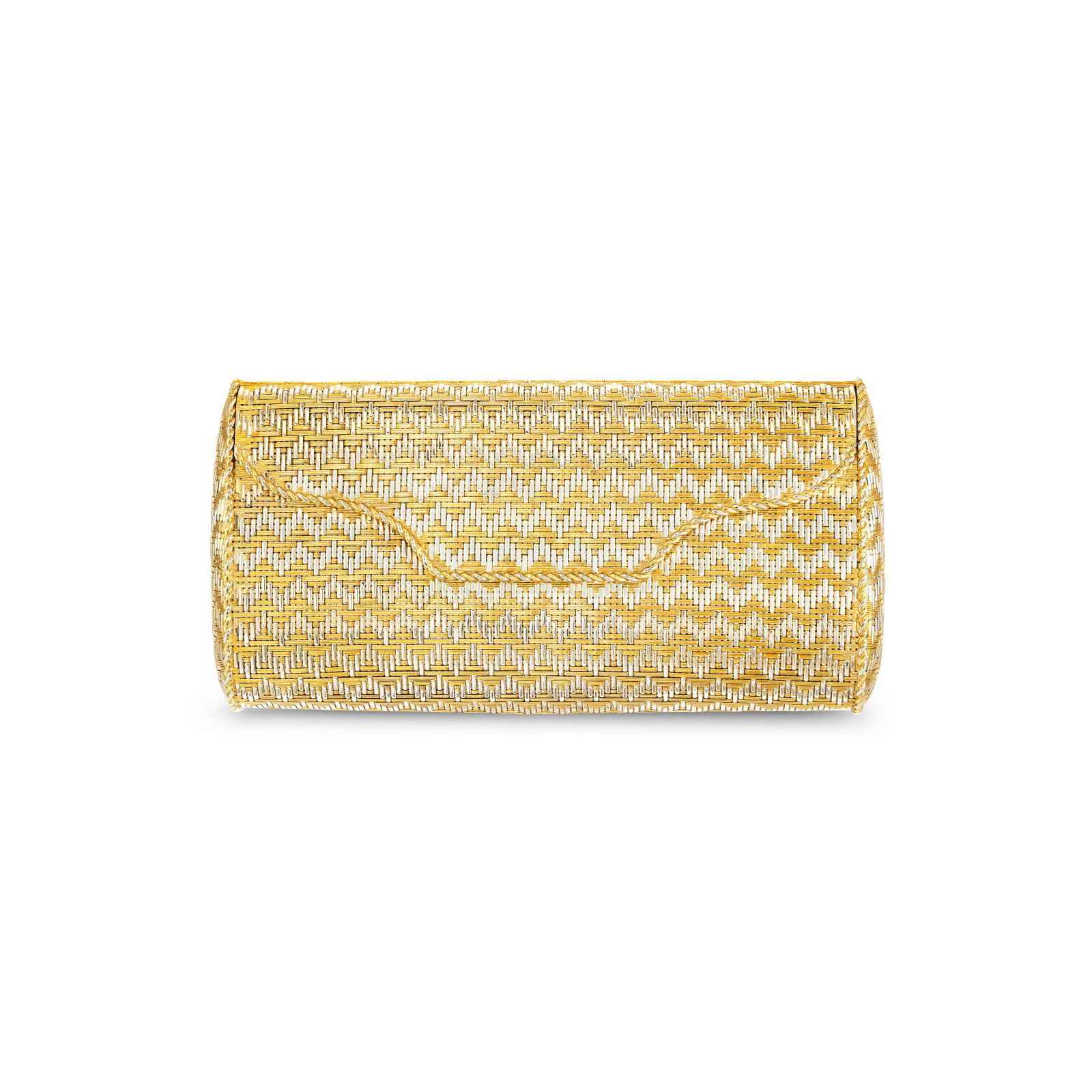 TIFFANY & CO. BI-COLORED GOLD EVENING BAG: TIFFANY & CO. BI-COLORED GOLD EVENING BAG Details Opening to reveal a single compartment, 18k yellow and white gold, circa 1955, signed Tiffany & Co., Italy Size/Dimensions: 17.1 x 8.8 x 4.4 cm (63