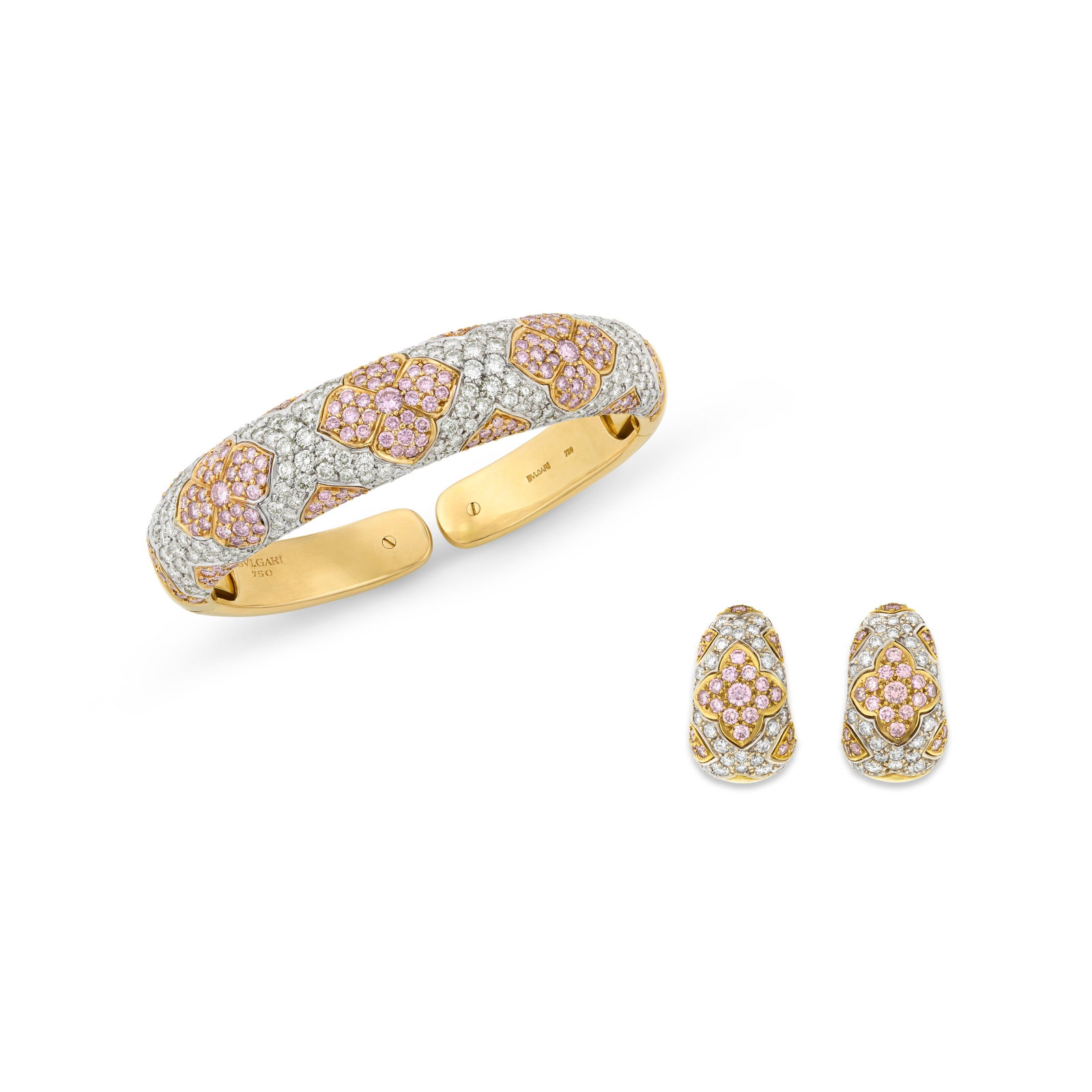 BULGARI SET OF COLORED DIAMOND AND DIAMOND JEWELRY: BULGARI SET OF COLORED DIAMOND AND DIAMOND JEWELRY Details Round pink diamonds and diamonds, 18k yellow gold, each signed Bvlgari, each numbered Colored diamonds (cuff bracelet): 187 round with an app
