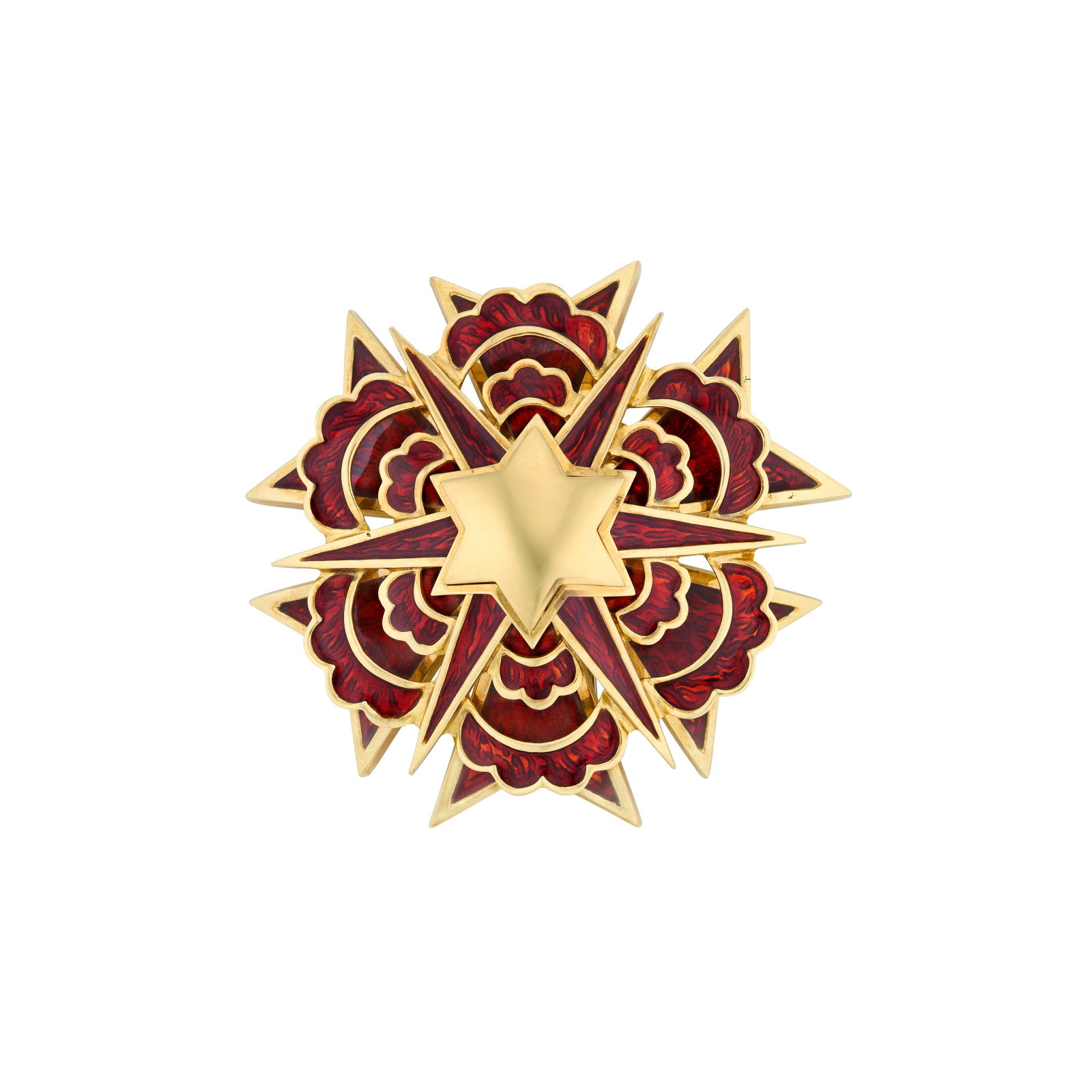 DAVID WEBB ENAMEL AND GOLD 'MALTESE CROSS' PENDANT-BROOCH: DAVID WEBB ENAMEL AND GOLD 'MALTESE CROSS' PENDANT-BROOCH Details Red enamel, 18k yellow gold, signed Webb Size/Dimensions: 5.3 x 5.3 cm (21⁄8 x 21⁄8 in) Gross Weight: 58.8 grams