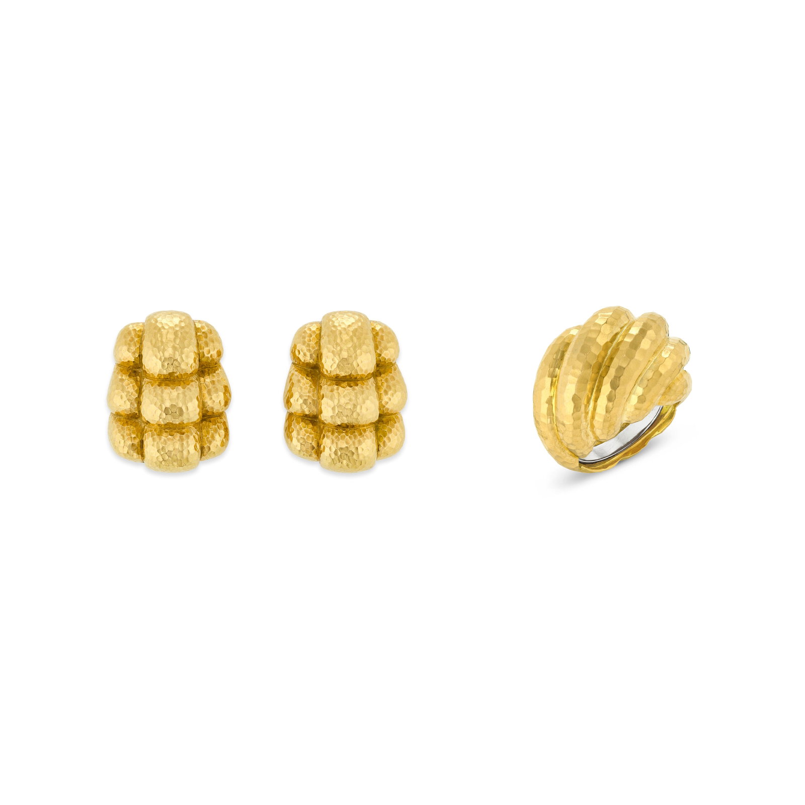 DAVID WEBB SET OF HAMMERED GOLD JEWELRY: DAVID WEBB SET OF HAMMERED GOLD JEWELRY Details Hammered 18k yellow gold, each signed Webb Size/Dimensions: earrings 3.5 x 2.5 cm (13⁄8 x 1 in); ring measures as US size 43⁄4 due to sizer,
